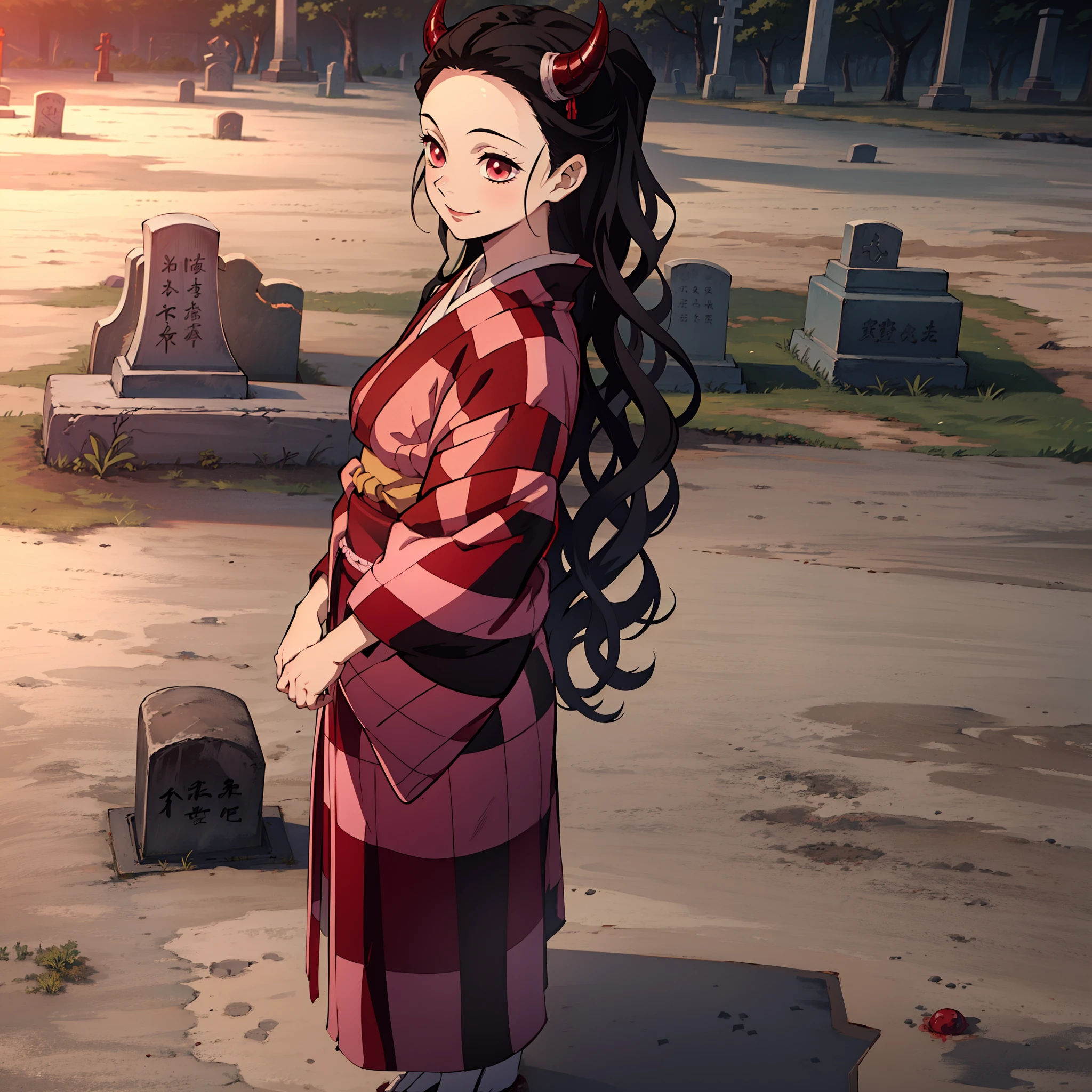(masterpiece, best quality:1.2), kimetsu no yaiba style, kamado nezuko, (1girl, solo), 18years old, black wave hair, (red demon horns, red eyes), pink kimono, evil smile, from side, (in the cemetery, Japanese style tombstone), look at tombstone