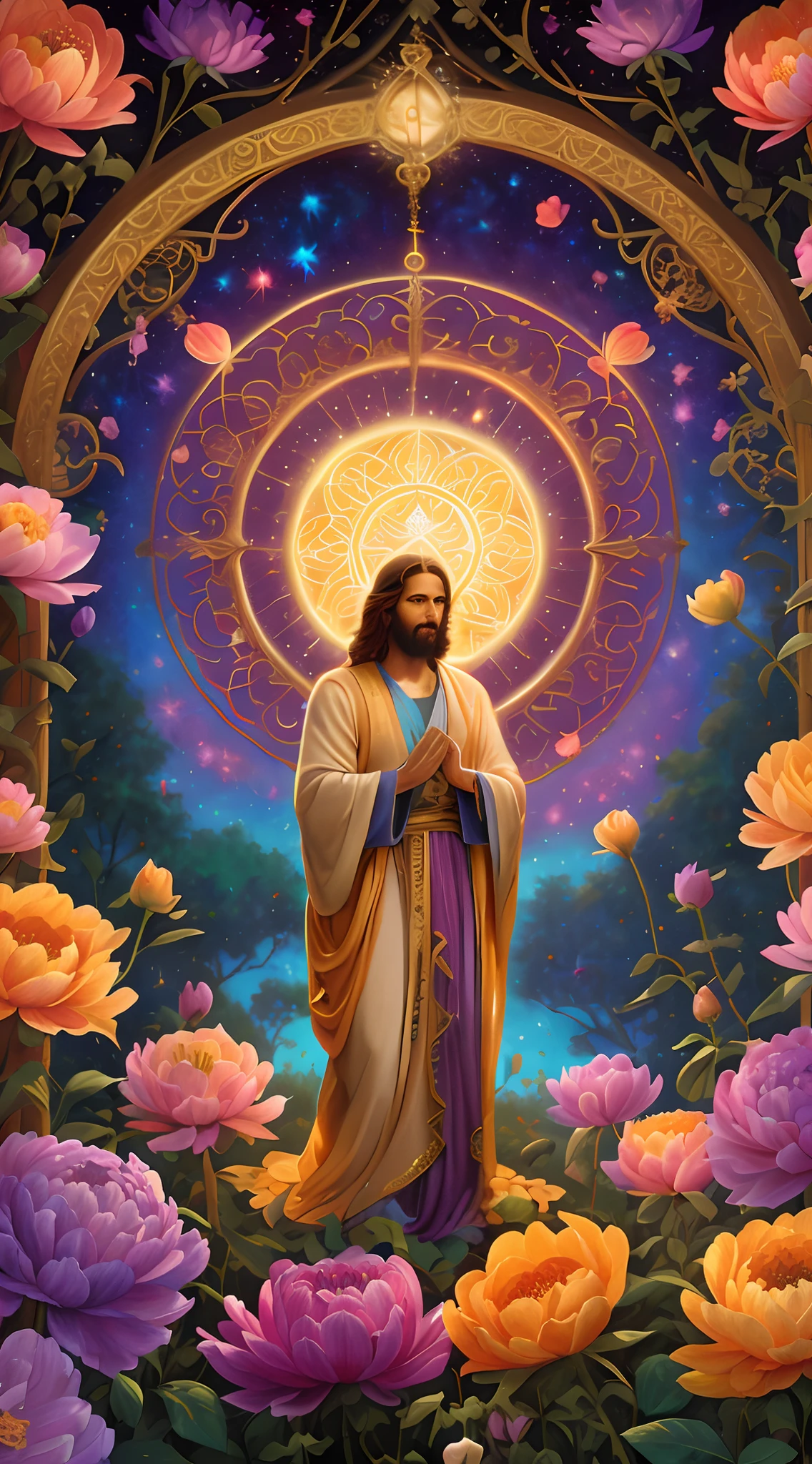 a painting of jesus standing and praying in a garden of flowers, greg olsen, patron saint of 🛸🌈👩🏾, beeple and jeremiah ketner, beautiful gold saint, concept art of god, gold gates of heaven!!!!!!!!, jesus christ, holy imagery, jen bartel, religious imagery, catholic religious art, religious painting, holy sacred light rays