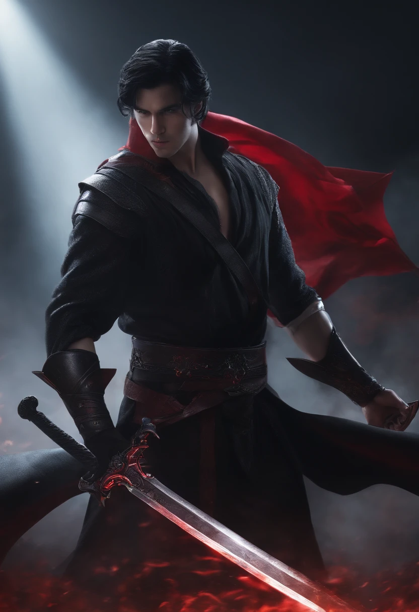 A man 26 years old with black hair and red eyes with holding black sword with dark aura