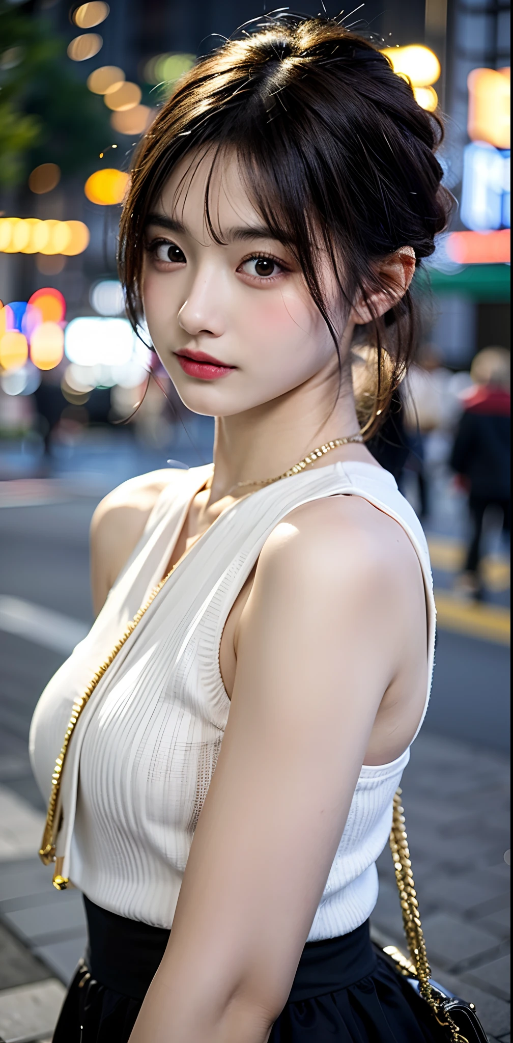 Raw photo, 300mm lens, nikon camera, street photography, golden ratio, depth of field, bokeh background, perfect iso, perfect focus, perfect lighting, look to camera, look to viewer, little smile, pretty idol girl, young girl, 18 years old, cute idol girl, asian girl, pointednose, white skin, flawless skin, detailed body, detailed skin, detailed finger, wet lips, dark brown hair, pixie haircut, big breast: 1.5, random clothes
