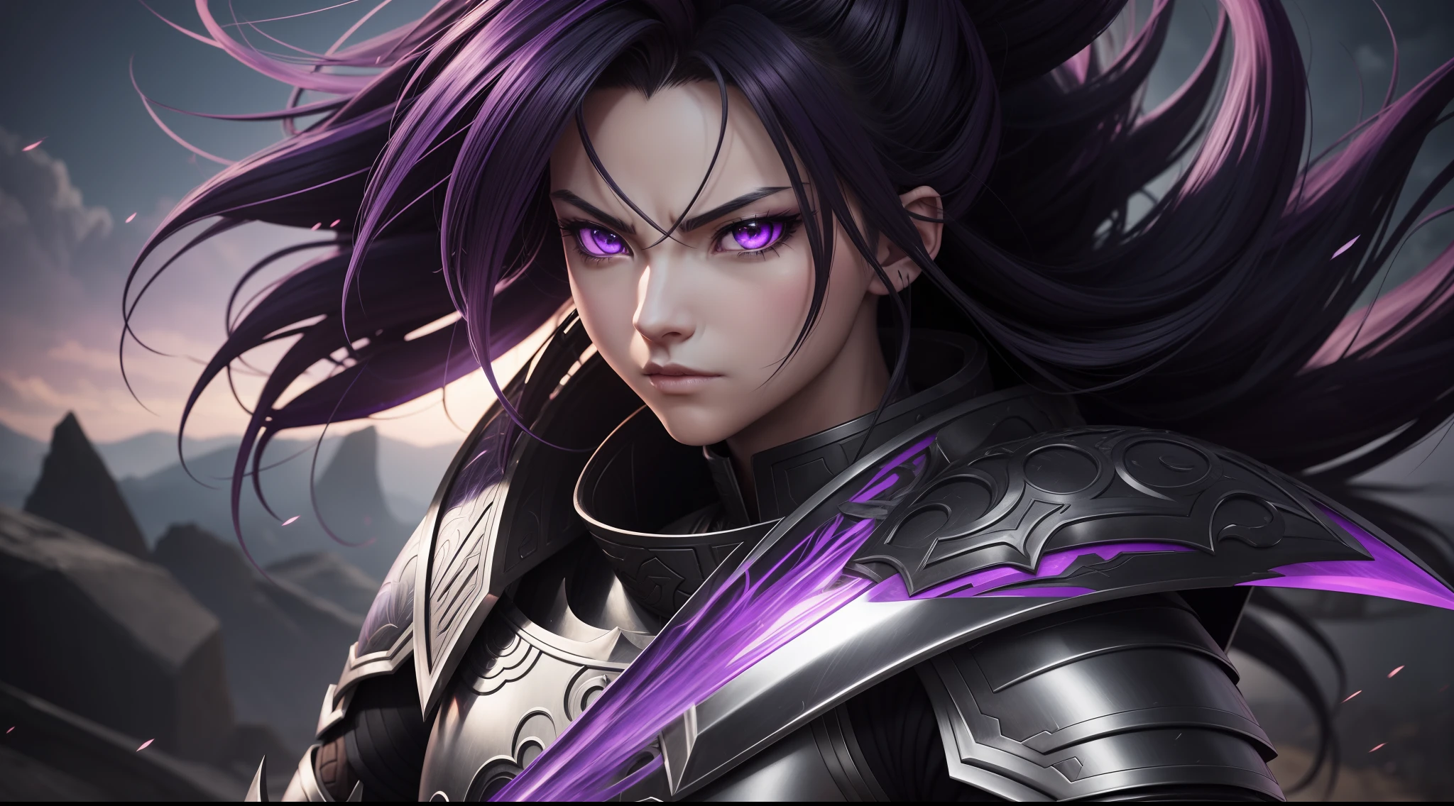 close-up of a person in armor with purple eyes, extreme instincts, detailed digital anime art, gliulian art style, detailed anime character art, badass anime 8k, activated style anime art way, advanced digital anime art, detailed fan art, epic anime style, wild pointed black saiyan hair, 8k detailed digital art, advanced anime digital art
