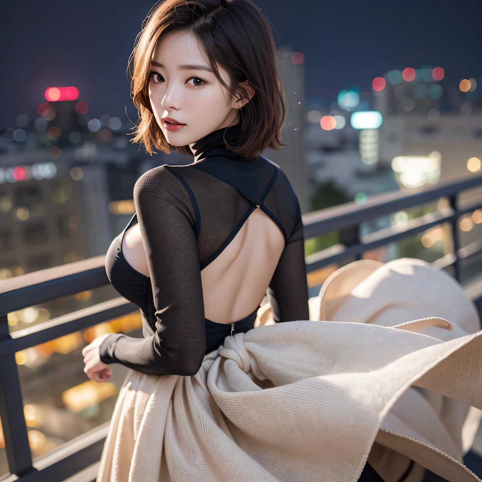 Generate images of seductive young woman in photorealistic style, Capture in 8K resolution, Similar to the exquisite beauty of Korean actress Park Kyu-young. In this image, She has her back to the camera, And her hands are spread wide.

Her features are impressive, and Large, Expressive eyes, small mouth, and a straight nose that gives her a doll-like look. She is loose, Fluffy short bob haircut fluttering in the wind.

Background is rooftop overlooking futuristic cityscape at night, Where her hair shakes dramatically in strong winds. This perspective shows her back, Creating an air of mystery and charm.

The focus is、Should be in capturing the wind-blown hair and the curves of her back and shoulders.

For her outfit, She is now、Wearing a turtleneck border shirt under Chester coat. 

Make sure the final image is in a photorealistic style, Emphasis on every detail, From the flow of her hair to the subtle contours of her back and arms, And new outfits.