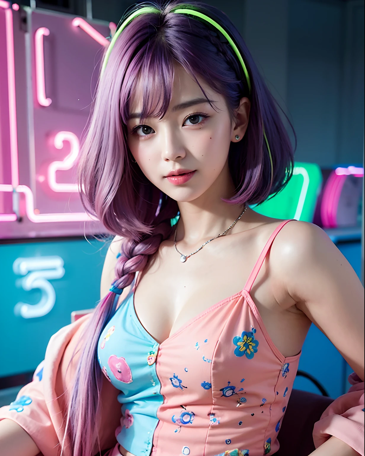 (masterpiece, top quality, best quality, official art, beautiful and aesthetic:1.2), (photoreal:1.5), BREAK 1 girl with a bunch of candy and a candy machine in her hand and a pink background with stars, upper body,smiling break Alice Prin, photo, a detailed painting, pop surrealism, (neon color hair:1.5),strong wind,giant marshmallow candy machine break needlework, intricate designs, textile art, handmade details, creative expression, colorful threads, cyberpunk, neo-dada BREAK