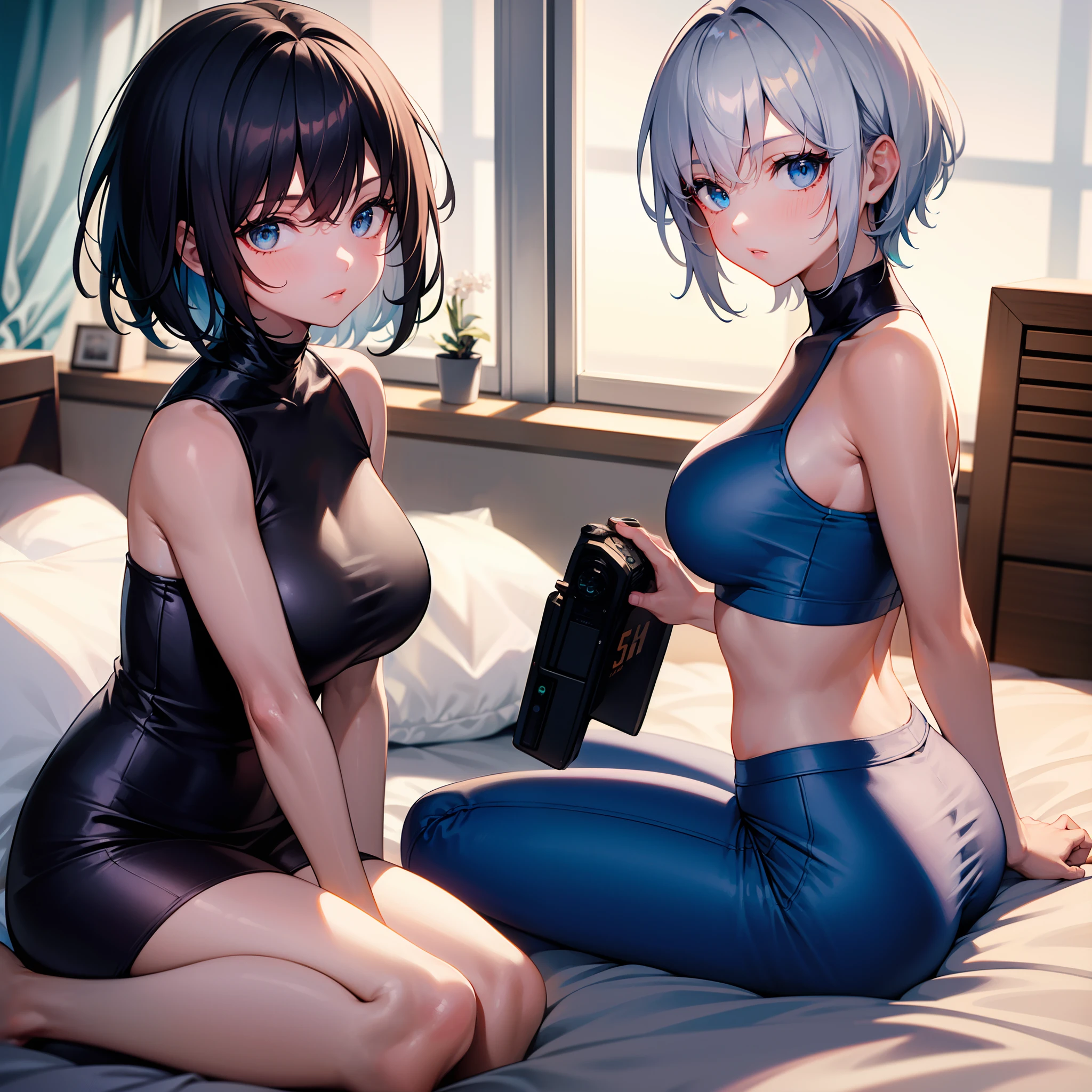 1girl, short gray hair, blue eyes, wearing sci-fi clothes,sit on gaming bedroom, absurdres, high res, ultrasharp, 8K, masterpiece, looking at viewer