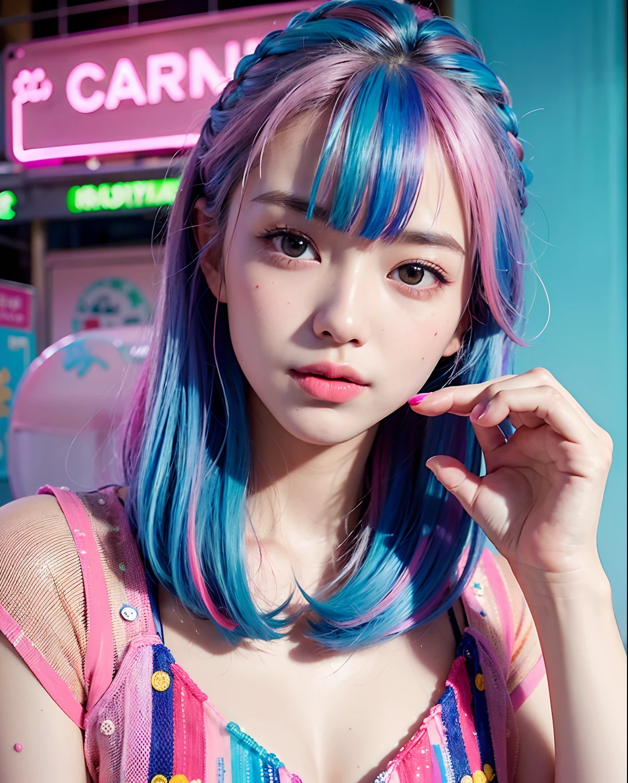 (masterpiece, top quality, best quality, official art, beautiful and aesthetic:1.2), (photoreal:1.5), BREAK 1 girl with a bunch of candy and a candy machine in her hand and a pink background with stars, upper body,smiling break Alice Prin, photo, a detailed painting, pop surrealism, (neon color hair:1.5),strong wind,giant marshmallow candy machine break needlework, intricate designs, textile art, handmade details, creative expression, colorful threads, cyberpunk, neo-dada BREAK