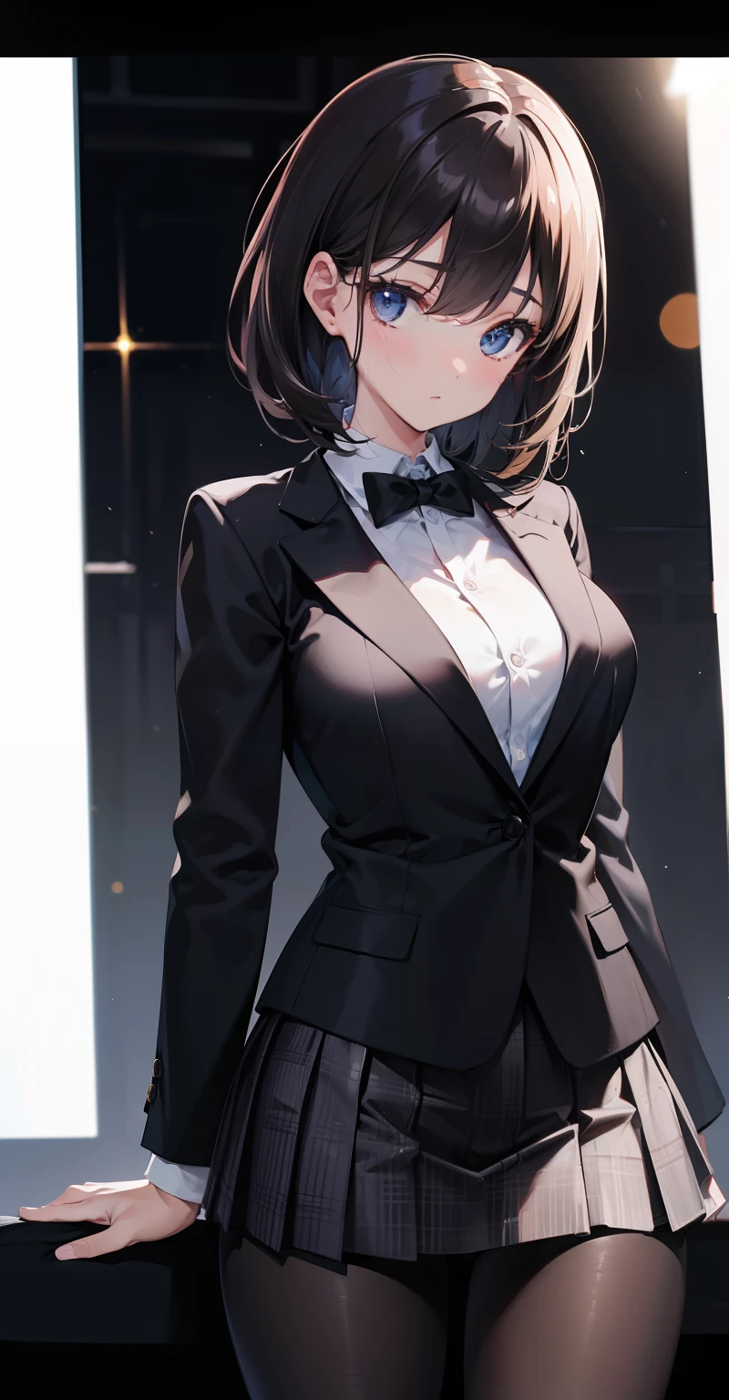 Best Quality , tmasterpiece , 1 strap , beautiful face , (Realistic photography : 1.3) , illuminated border , (HighDetailskin : 1.2 , , 8k Uhd , High quality , a high resolution , 4k , 8k , bokeh , absurd , proportions ideals of four fingers and a thumb, (realistic:1.3), cute 1girl, Wearing black formal blazer, medium breasts, short skirt,LacepantyHose,