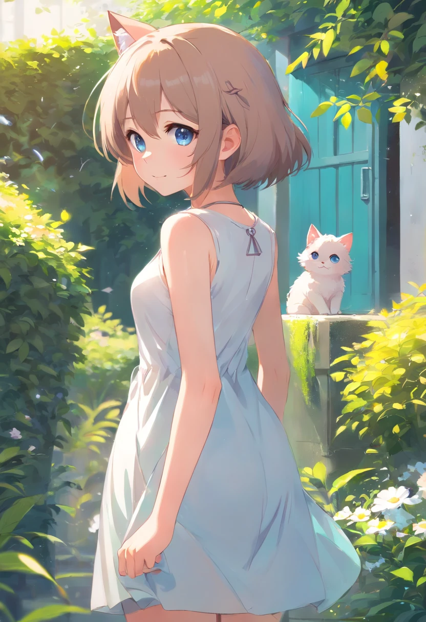 Cat-eared girl in white dress standing in garden, Break,silber hair,eBlue eyes,(((Sleeveless))),Hang laundry to dry,Holding a laundry basket with clothes,loli in dress, small curvaceous loli, Guviz-style artwork, Guweiz in Pixiv ArtStation, Guweiz on ArtStation Pixiv, Guviz, small loli girl, Soft anime illustration, Anime visuals of cute girls, Detailed digital anime art