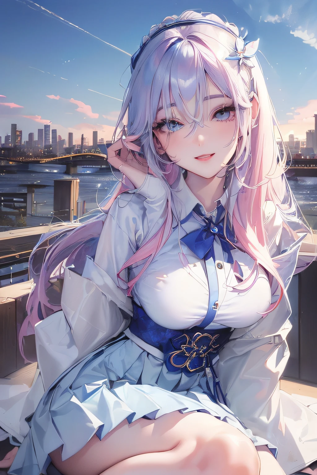 official art, masterpiece, sharp focus, (beautiful gorgeous cute Korean woman:1.3), (beautiful cute korean:1.3), korean beauty, Delicate and beautiful hair and eyes and face, realistic, ultra detailed, beautiful girl, blue sky, glow white particle, (sidelighting:1.2), sun light, white cloud, detailed clouds, slender, Lovely very large breasts and very large hips, smile with teeth, ((smile with eyes, open both eyes)), scenery, long straight hair, sexy facial expression, building, (cityscape:1.7), dynamic hair, long straight hair, detailed platinum pink hair, glow blue eyes, (blue pleated shirts + white skirt), white long socks, pale skin, hair ornament, epic scenery,