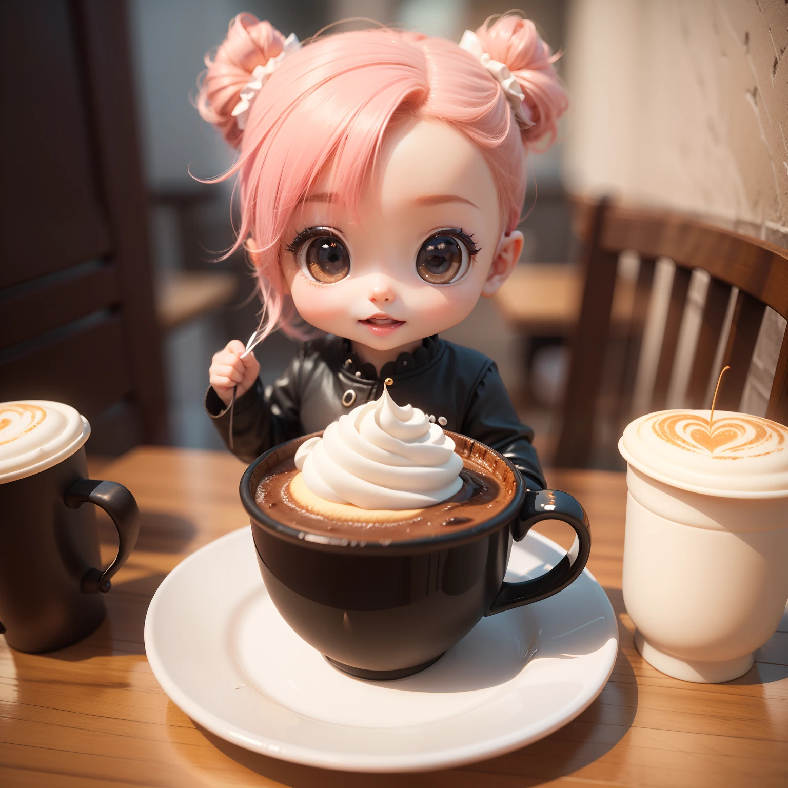 Cute  Chibi Anime、(((Chibi 3D))) (Best Quality), (masutepiece)、Chibi Model、newyork、Upper East Side、Open café、coffee cup、Cake with a shortcut in a plate🍰、A detailed face、Fun、