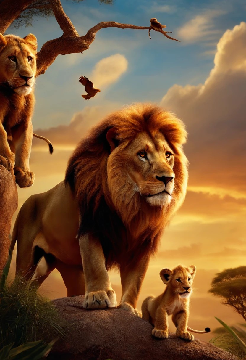 Lion, giraffe,Monkey in a tree,Elephant, tiger,Forest, beautiful nature kids style,animation graphique