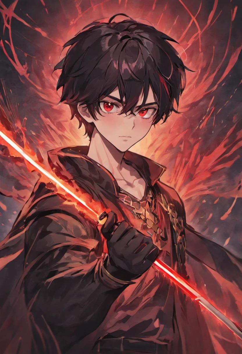 A man 26 years old with black hair and red eyes with holding black sword with dark aura