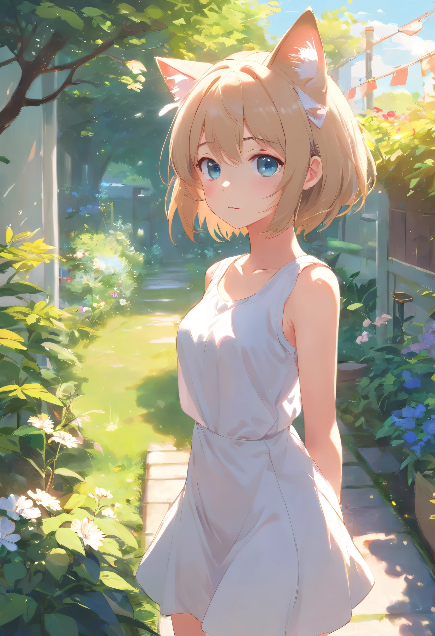 Cat-eared girl in white dress standing in garden, Break，silber hair，eBlue eyes，(((Sleeveless)))，Hang laundry to dry，Holding a laundry basket with clothes，loli in dress, small curvaceous loli, Guviz-style artwork, Guweiz in Pixiv ArtStation, Guweiz on ArtStation Pixiv, Guviz, small loli girl, Soft anime illustration, Anime visuals of cute girls, Detailed digital anime art