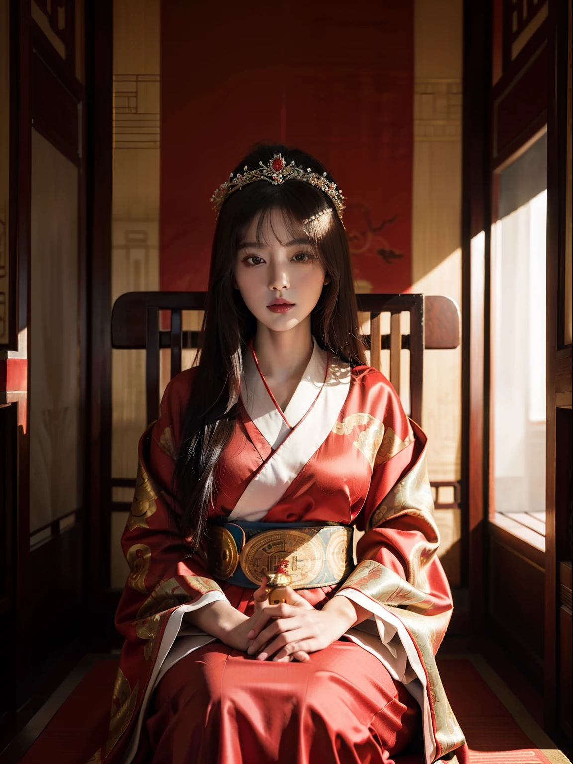 Top image quality,movie camera,Beautiful 20-year-old princess in the Chinese royal palace,Wearing a gorgeous red Chinese kimono,Ancient Chinese gorgeous hair ornament on head,Live in China's ancient royal palaces,Sitting in the Queen's Chair,elegant look,I'm looking at you with a scary face.,Capture the whole,