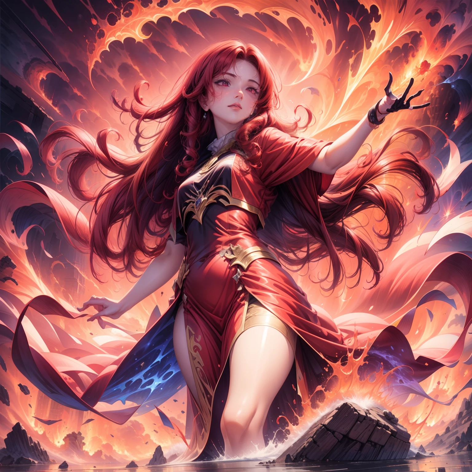 A women with red eyes, long curly red hair, with a super cool fiery dress, sky background