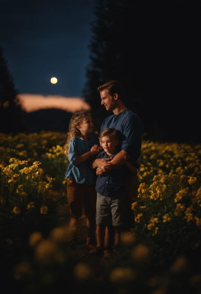 FATHER AND CHILDREN, NIGHTTIME, FLOWERS, NATURE, MOONLIGHT, 8K, intricate details, HDR, beautifully shot, realistic, sharp focus, 64 megapixels, perfect composition, high contrast, cinematic, 8K, CAUCASIAN, BLUE EYES, Italy