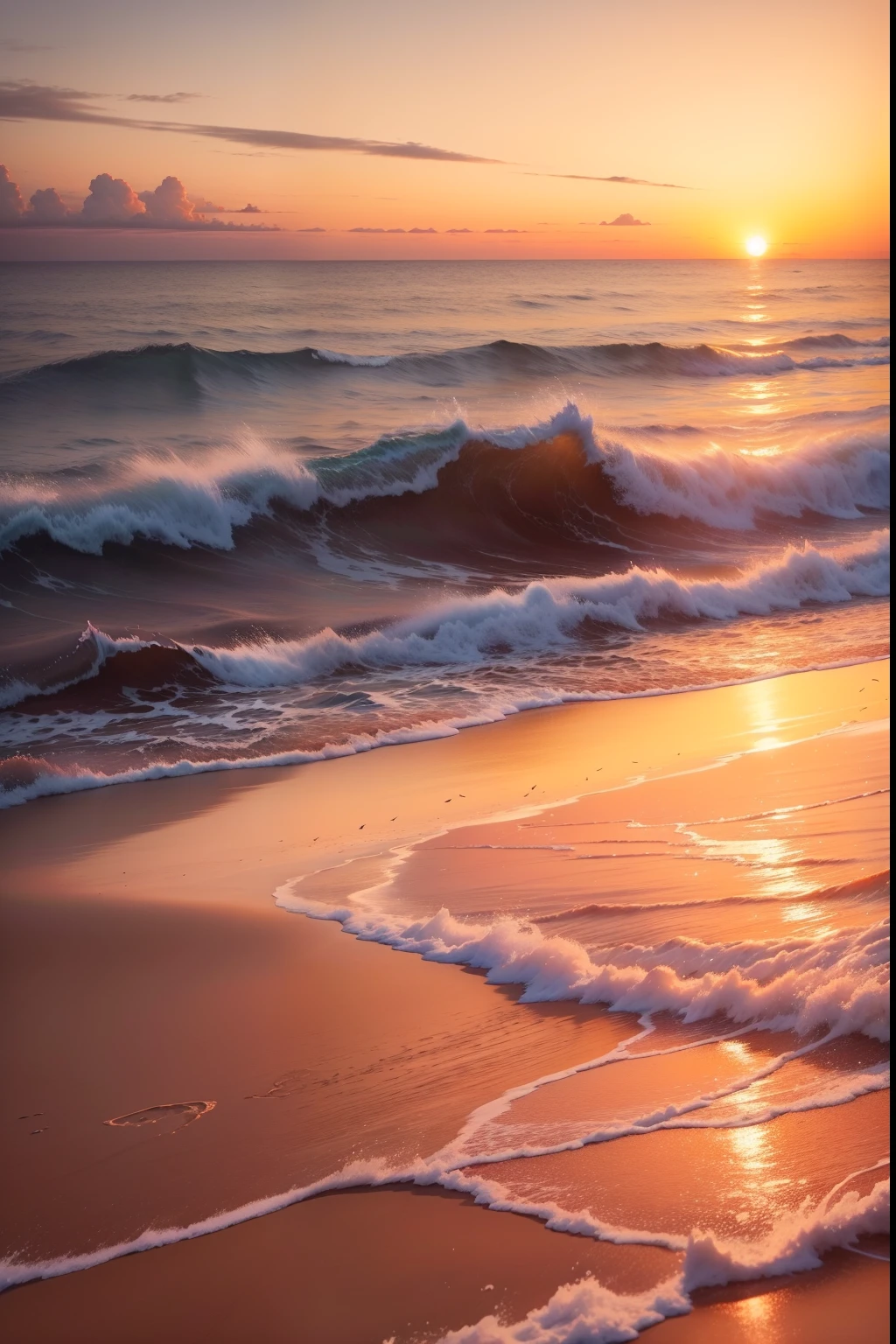 An absolutely mesmerizing sunset on the beach, with a mix of orange, pink, and yellow in the sky. The water is crystal clear, gently kisses the coast, and the white sand is endless. The scene is dynamic and breathtaking, with seagulls soaring high in the sky and palm trees swaying softly. Immerse yourself in the calm atmosphere and let the serenity surround you.