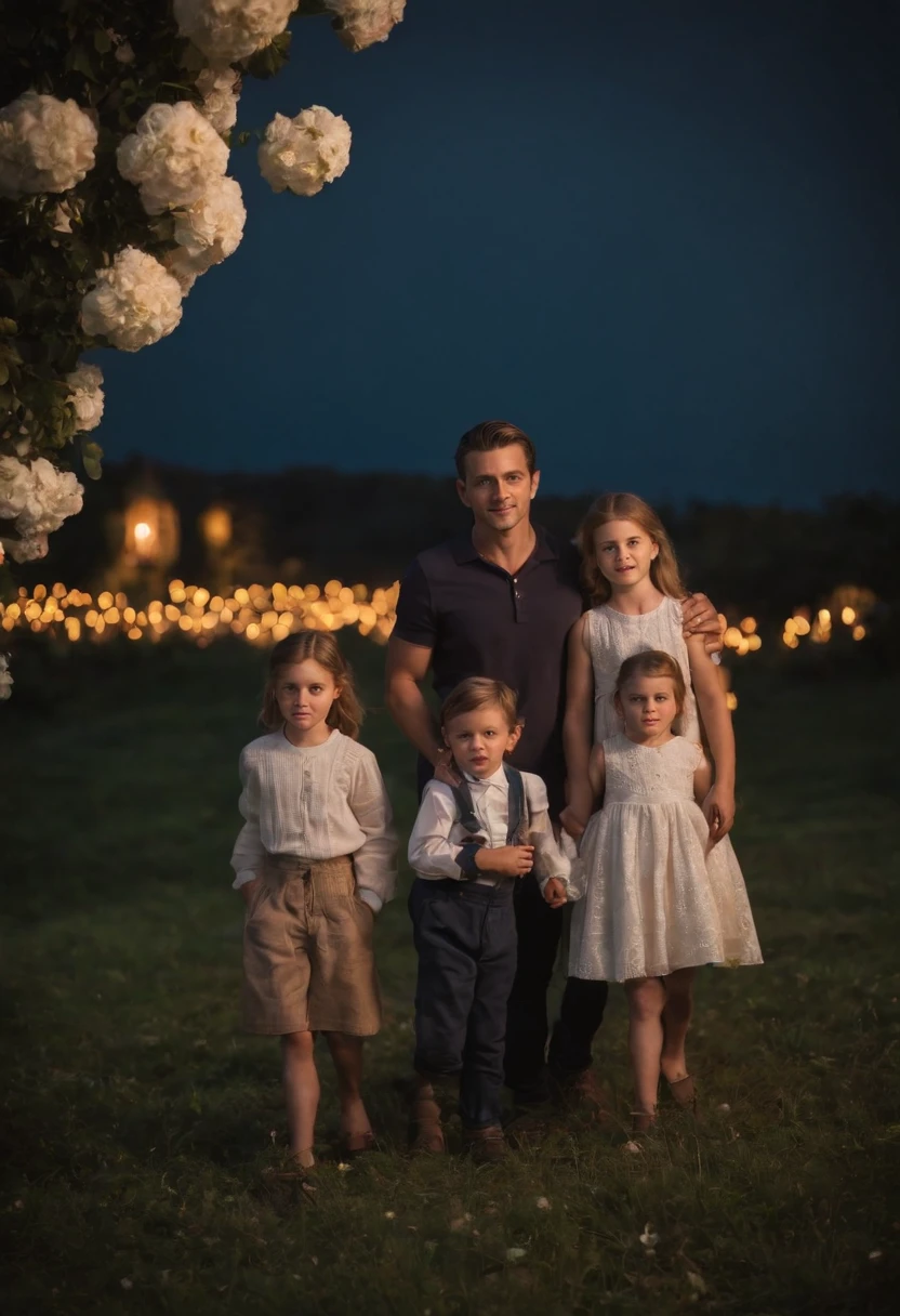 FATHER AND CHILDREN, NIGHTTIME, FLOWERS, NATURE, MOONLIGHT, 8K, intricate details, HDR, beautifully shot, realistic, sharp focus, 64 megapixels, perfect composition, high contrast, cinematic, 8K, CAUCASIAN, BLUE EYES, Italy