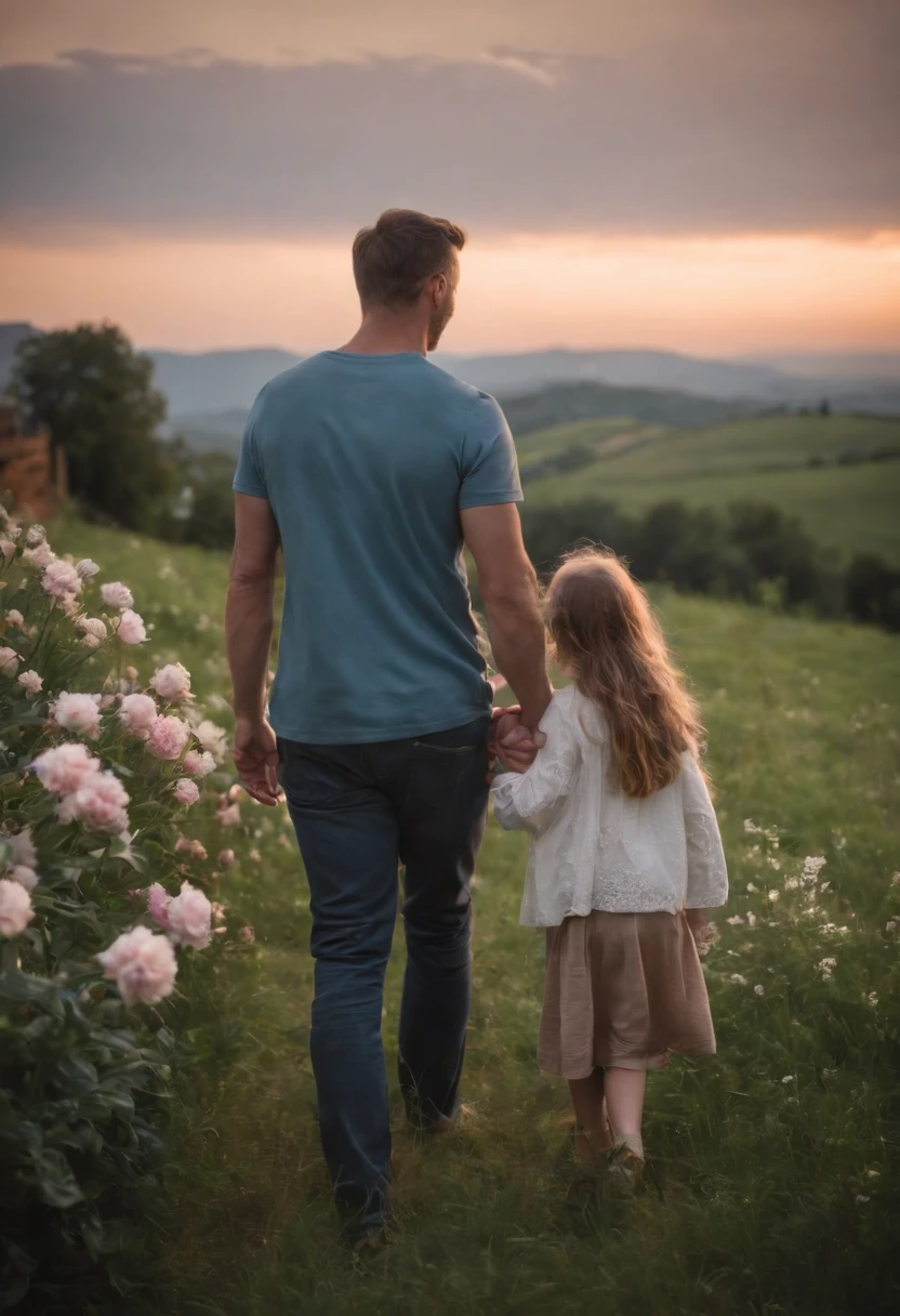 FATHER AND CHILDREN, NIGHTTIME, FLOWERS, NATURE, MOONLIGHT, 8K, intricate details, HDR, beautifully shot, realistic, sharp focus, 64 megapixels, perfect composition, high contrast, cinematic, 8K, CAUCASIAN, BLUE EYES, Italy