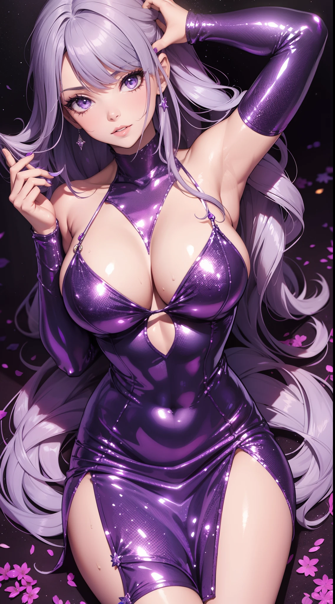 Beautiful y girl in a sexurple-silver-lavender sequin party , shiny, stylish