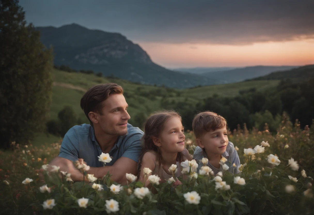 FATHER AND CHILDREN, NIGHTTIME, FLOWERS, NATURE, MOONLIGHT, 8K, intricate details, HDR, beautifully shot, realistic, sharp focus, 64 megapixels, perfect composition, high contrast, cinematic, 8K, CAUCASIAN, BLUE EYES, Italy