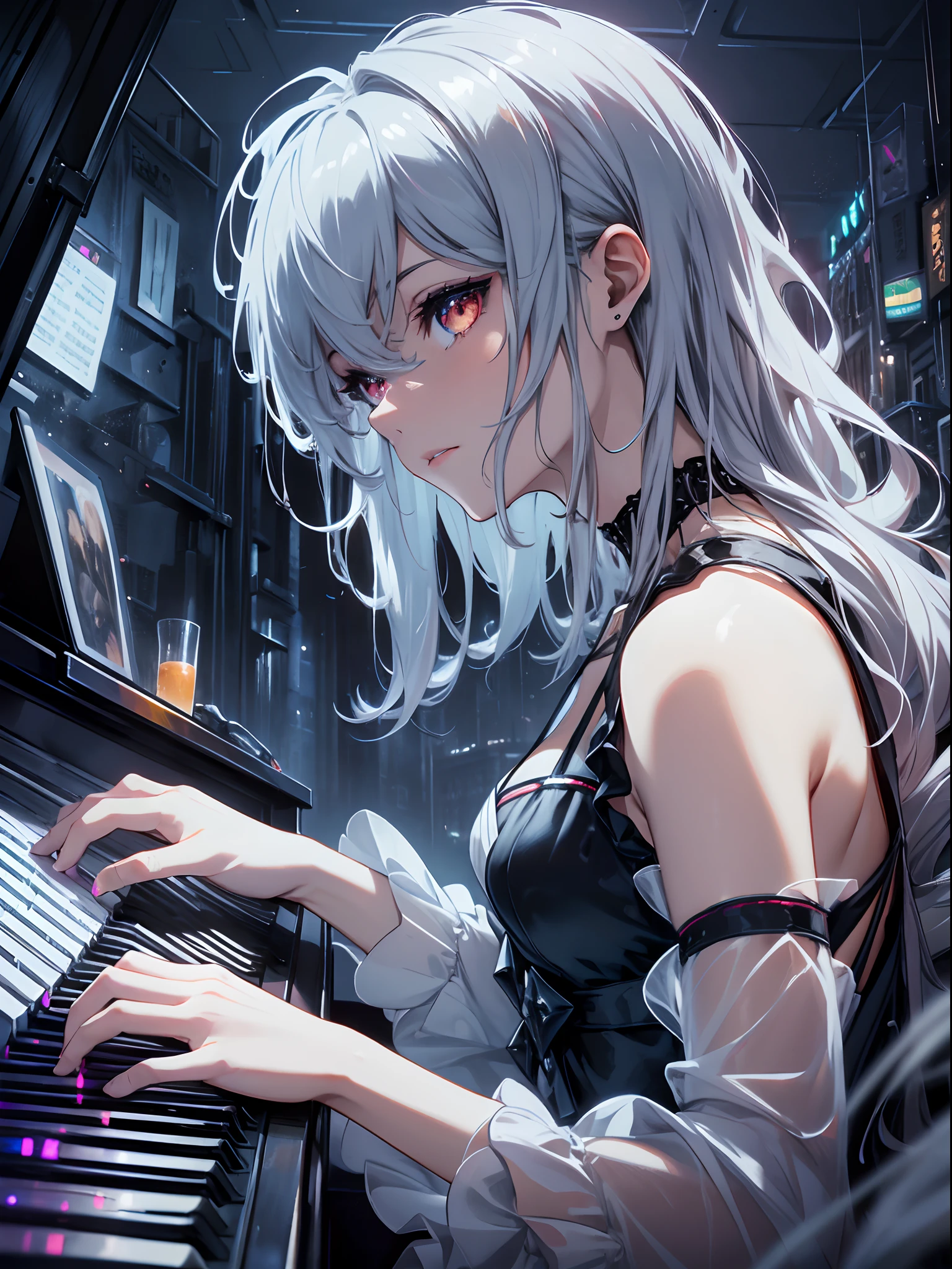 masterpiece,(bestquality),highlydetailed,ultra-detailed,(dark),(intense shadows),(at the castle),(rainy night in a cyberpunk city with glowing neon lights),(piano),(player),(solo),(elegant),(long black gown),(reflection on the piano),(soft candlelight),(melancholic),(gentle touch),(flowing music notes),(emotional),(fingers gliding on the keys),cold, solo, (1gil),  detailedeyes,(lighteyes: 0.8)