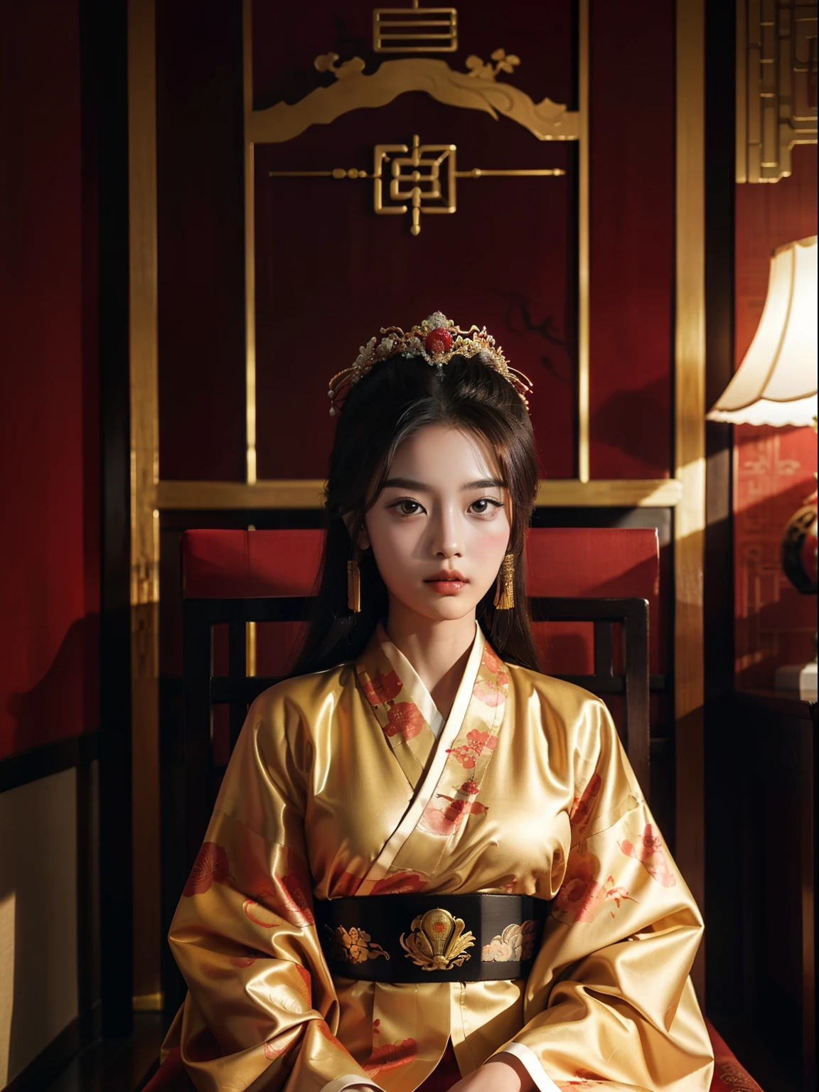 Top image quality,movie camera,Beautiful 20-year-old princess in the Chinese royal palace,Wearing a gorgeous red Chinese kimono,Ancient Chinese gorgeous hair ornament on head,Live in China's ancient royal palaces,Sitting in the Queen's Chair,elegant look,I'm looking at you with a scary face.,Capture the whole,
