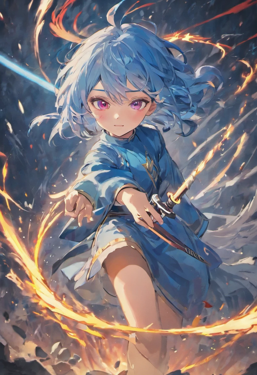 Beautiful girl with blue hair red eyes beautiful face 21 years old with tornado behind her she hold a light sword