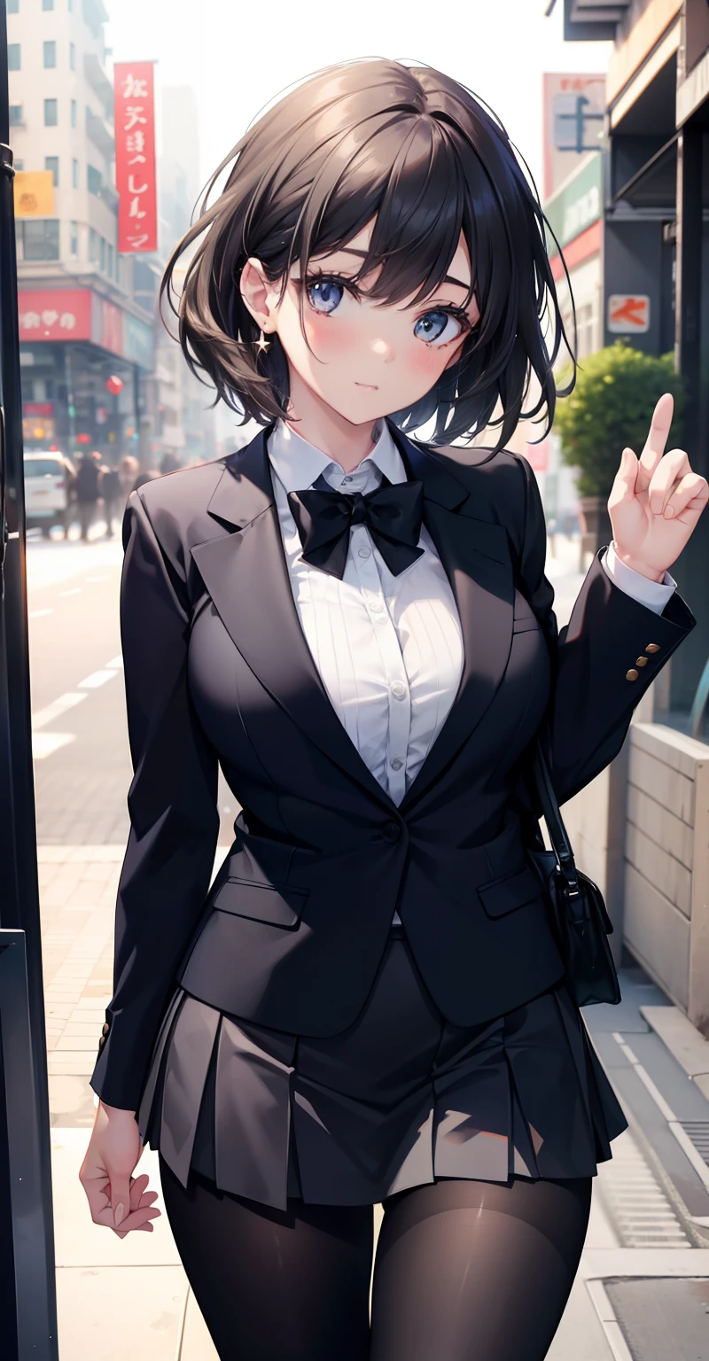 Best Quality , tmasterpiece , 1 strap , beautiful face , (Realistic photography : 1.3) , illuminated border , (HighDetailskin : 1.2 , , 8k Uhd , High quality , a high resolution , 4k , 8k , bokeh , absurd , proportions ideals of four fingers and a thumb, (realistic:1.3), cute 1girl, Wearing black formal blazer, medium breasts, short skirt,LacepantyHose,