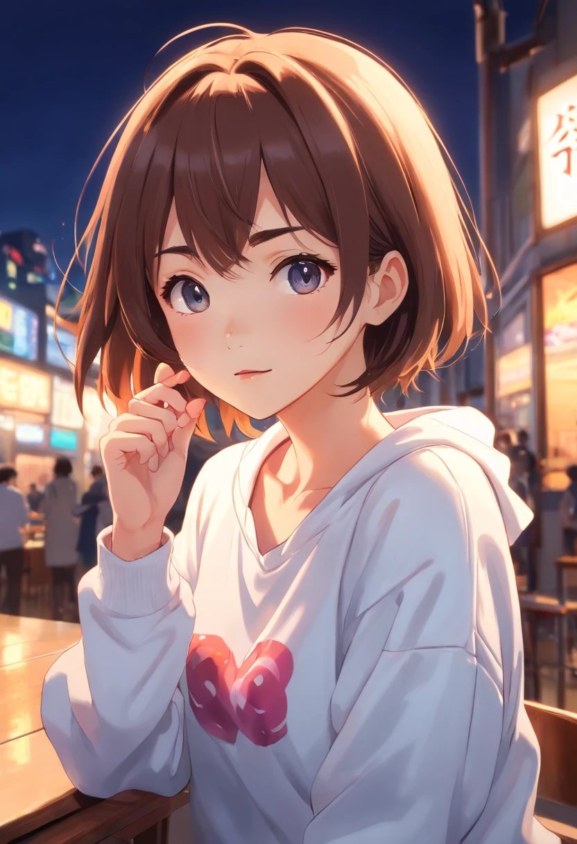 ((of the highest quality, 8K,Raw photo)), (Realistic, Photorealistic: 1.37), (Face Focus: 1.1), Small breasts, flat chest, Short hair, A Japanese Lady、20yr old、Japan idol system、(white sweatshirt: 1.1)、Skirt, Sitting, Arms up, From below, Sunlight, Movie Lighting,