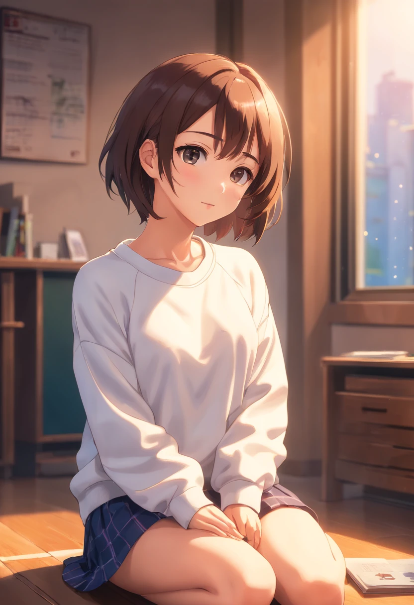 ((of the highest quality, 8K,Raw photo)), (Realistic, Photorealistic: 1.37), (Face Focus: 1.1), Small breasts, flat chest, Short hair, A Japanese Lady、20yr old、Japan idol system、(white sweatshirt: 1.1)、Skirt, Sitting, Arms up, From below, Sunlight, Movie Lighting,