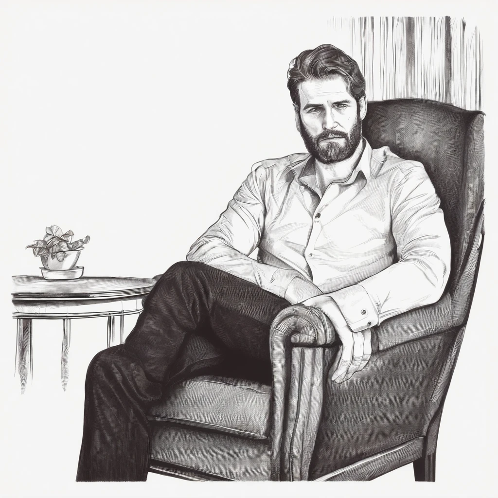 Portrait of a sad man sitting on chair, sketch style, pencil