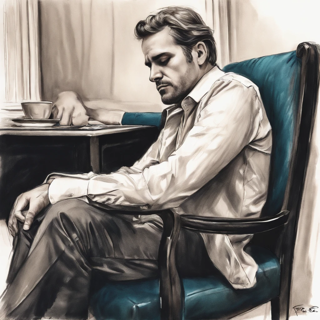 Portrait of a sad man sitting on chair, sketch style, pencil