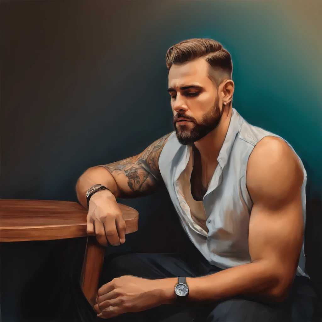 Portrait of a sad man sitting on chair, sketch style, pencil