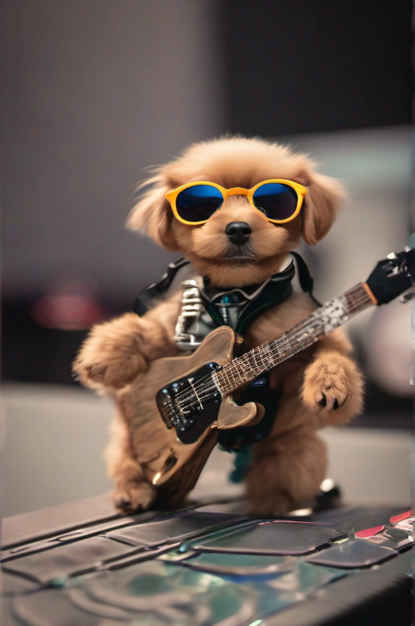 This is a photographic tip full of rock 'n' roll，Featuring rock puppies： Welcome to the of this rock world！This eye-catching photo shows the unique charm of a rock puppy，Combining music with passion，Take you into a vibrant and rhythmic rock party。 To create this uplifting photo，I chose a Nikon D850 SLR camera，Equipped with a wide-angle lens，to capture a wider scene。This camera combination provides excellent image quality and detail reproduction，Bring every element to life。 Camera settings are carefully adjusted，to capture the movement and energy of a rock puppy。I set the aperture to f/2.8，A shallow depth of field is created，The puppy's performance on stage is highlighted。The shutter speed is set to 1/250 second，to freeze the movement of the puppy，Keep images sharp。 The lights on stage are the soul of a rock party，Illuminates the rock world of puppies。Intense colored lights flicker on the stage，Cast dynamic shadows，Create an exciting atmosphere。These lights are intertwined and twinkled，Add drama and energy to the photo。 The rock puppy is the protagonist of this party，It wears trendy sunglasses，Wear a shiny leather jacket，Show off the style of a rocker。It stands next to the DJ booth，Fingers flexibly operate the music device，Infused the party with a unique musical rhythm。 This photo captures the wild stance and rock spirit of the rock puppy，Transports the audience into a world of music in a binge。It is a tribute to rock culture，Showcasing the energy and power of rock music，The spirit that inspires people to pursue their dreams and freedom。Let's get into this rock party together，Enjoy the wildness and passion of music！