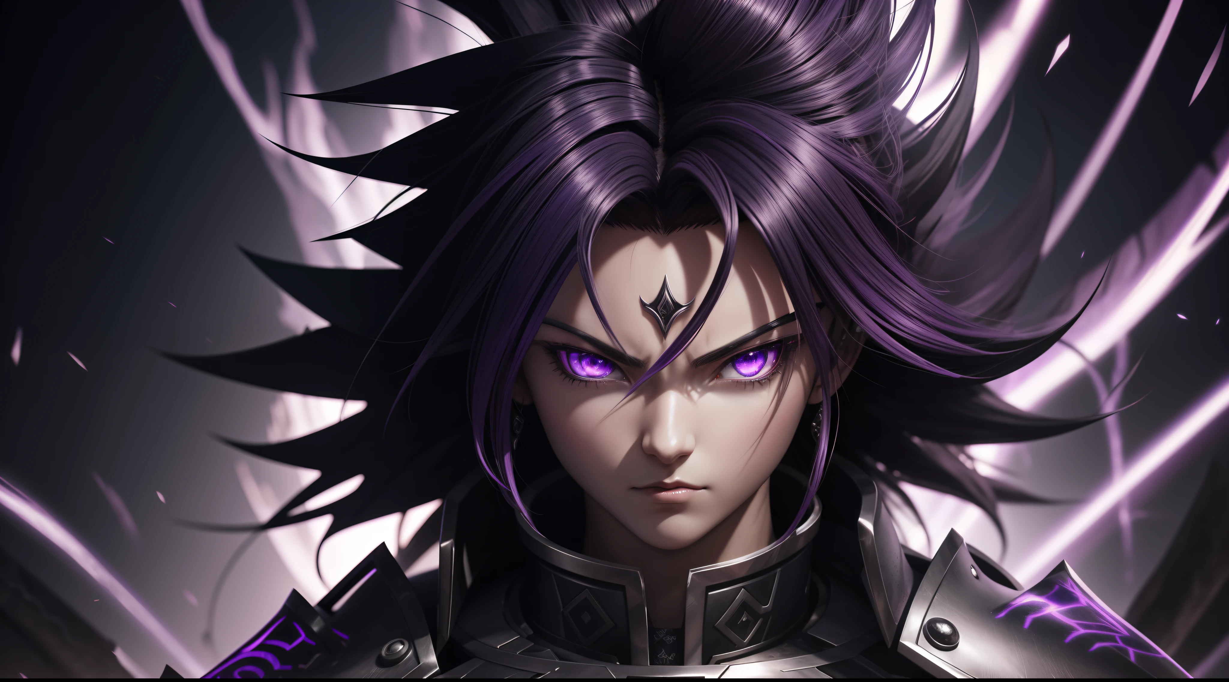 close-up of a person in armor with purple eyes, extreme instincts, detailed digital anime art, gliulian art style, detailed anime character art, badass anime 8k, activated style anime art way, advanced digital anime art, detailed fan art, epic anime style, wild pointed black saiyan hair, 8k detailed digital art, advanced anime digital art