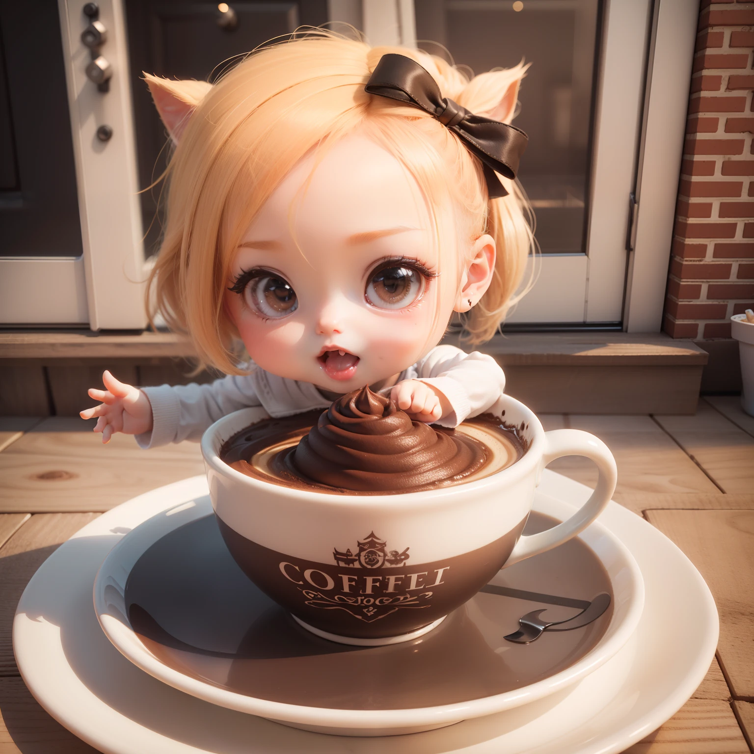 Cute Baby Chibi Anime、(((Chibi 3D))) (Best Quality), (masutepiece)、Chibi Open café、outside of house、Coffee Cup、Cake with shortcuts on a plate🍰、A detailed face、Fun、