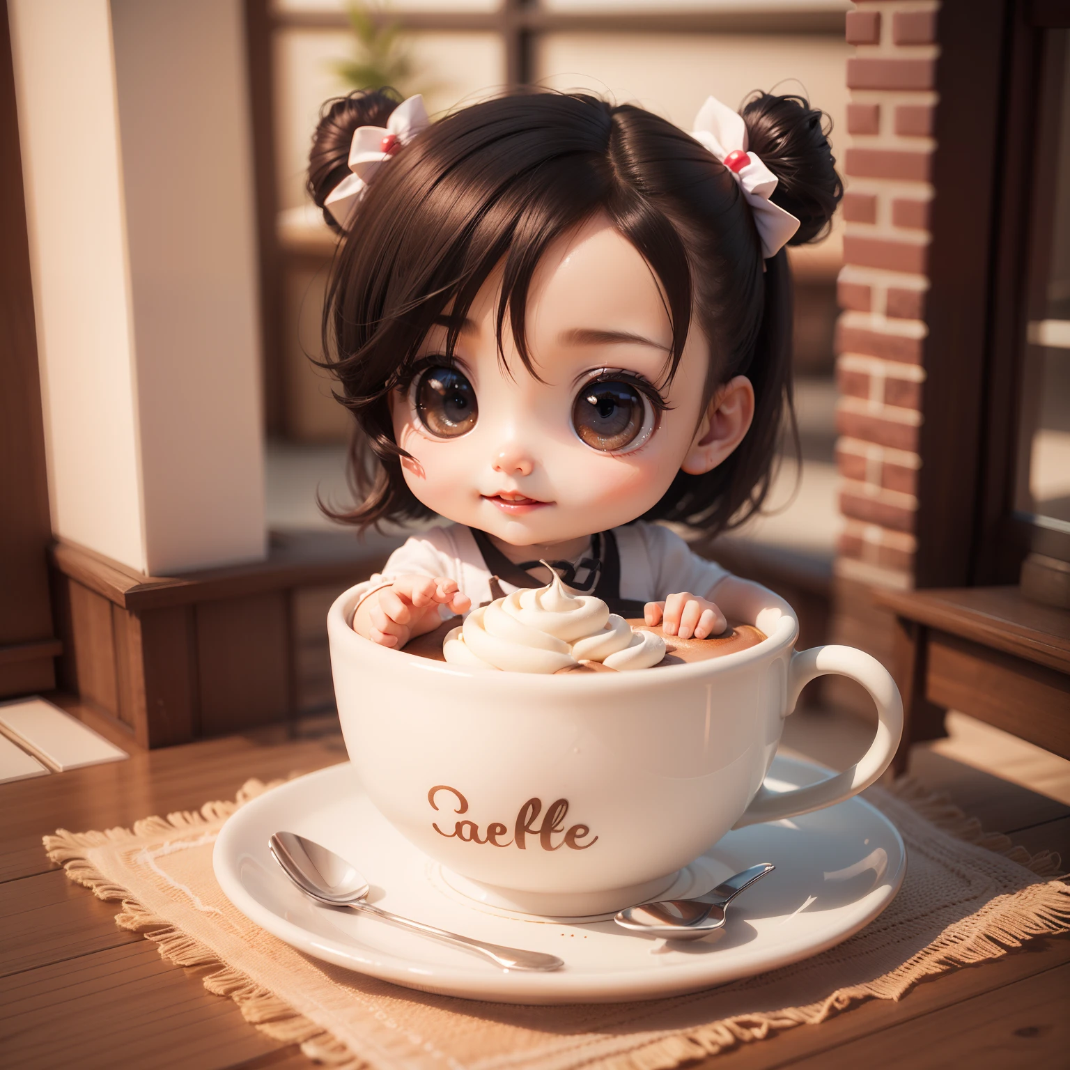 Cute Chibi Anime、(((Chibi 3D))) (Best Quality), (masutepiece)、Chibi Open café、outside of house、Coffee Cup、Cake with shortcuts on a plate🍰、A detailed face、Fun、