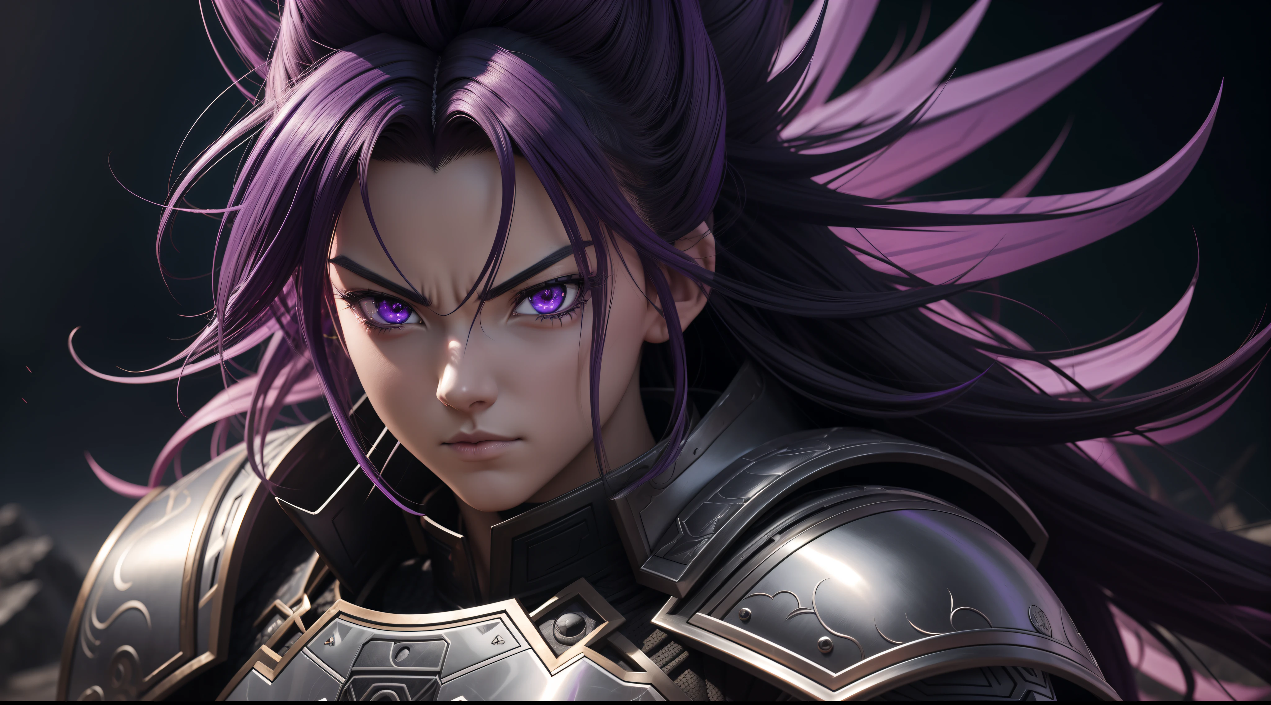 close-up of a person in armor with purple eyes, extreme instincts, detailed digital anime art, gliulian art style, detailed anime character art, badass anime 8k, activated style anime art way, advanced digital anime art, detailed fan art, epic anime style, wild pointed black saiyan hair, 8k detailed digital art, advanced anime digital art