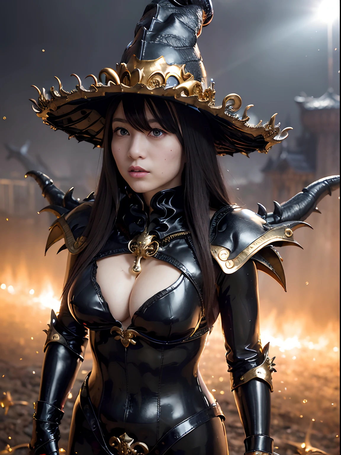 ((World of Darkness)),Professional , masterpiece、top-quality、photos realistic , depth of fields 、(((With a glowing magic wand))),(Dragon Black Metal Body:1.4),(latex black-blue、(cleavage of the breast)、Dragon Gold Weapon、(((Particles of light))),(Micro Bikini Armor:1.4),Gorgeous gold weapons ,(Fight dragons)、Seductive look、,Blood on the face,Blood Rain,Blood fog、(blood splattere:1.9)、((Magic Number )) , (((Wearing a black latex wizard hat))),(demonic wings) ,((a blond))、(Castle background)、((Gangle's forest background))、Beautiful Caucasian beauty、1a person、dynamic ungle,(((Detailed and ornate dragon wizard hat)))、Smaller head、A smile、Castle background、Thin and beautiful female hands、cleavage of the breast、Soldier in iron armor on background、Mystical expression、Light Effects、intense fighting、Wind-effect、magic circles、With the legendary magic wand、Dragon's tail、explosions、