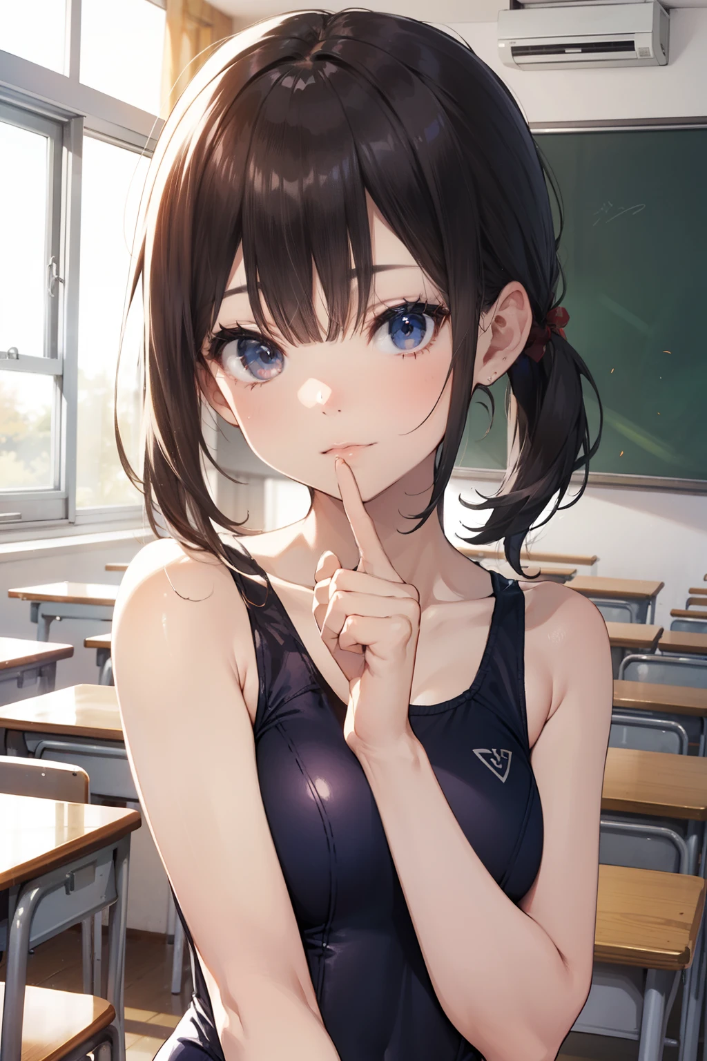 Unity 16K Wallpaper, Masterpiece, Best Quality, Ultra-Detailed, Extremely Detailed CG, Caustics, Cinematic Lighting, Detailed, Beautiful Detailed Eyes, realistic skin texture, 1girl, young girl, dark brown eyes, adorable, photorealistic:1.5, (school swimsuit:1.5), sunlight, beautiful black hair:1.3, full-face blush, embarrassed, sweat, surprised, open mouth, cry,