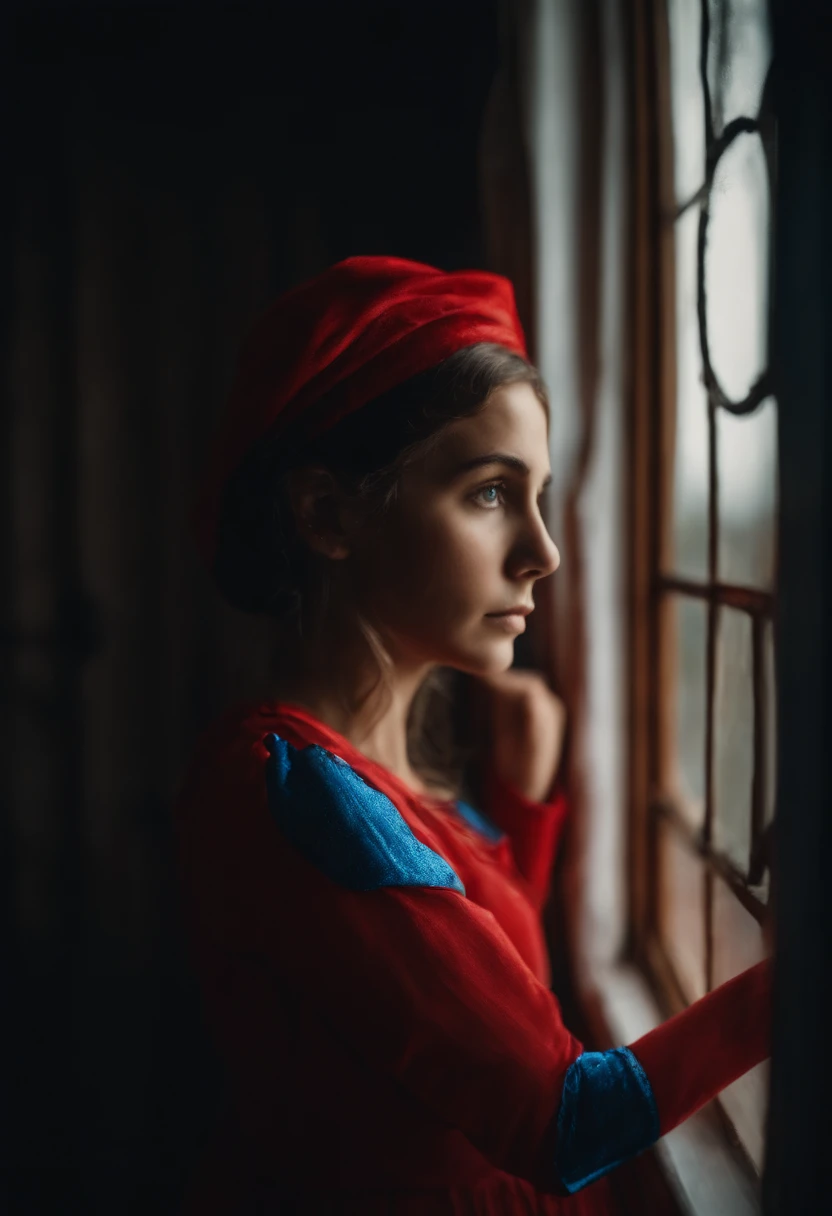 Alafed image of girl in red and blue costume looking out window,