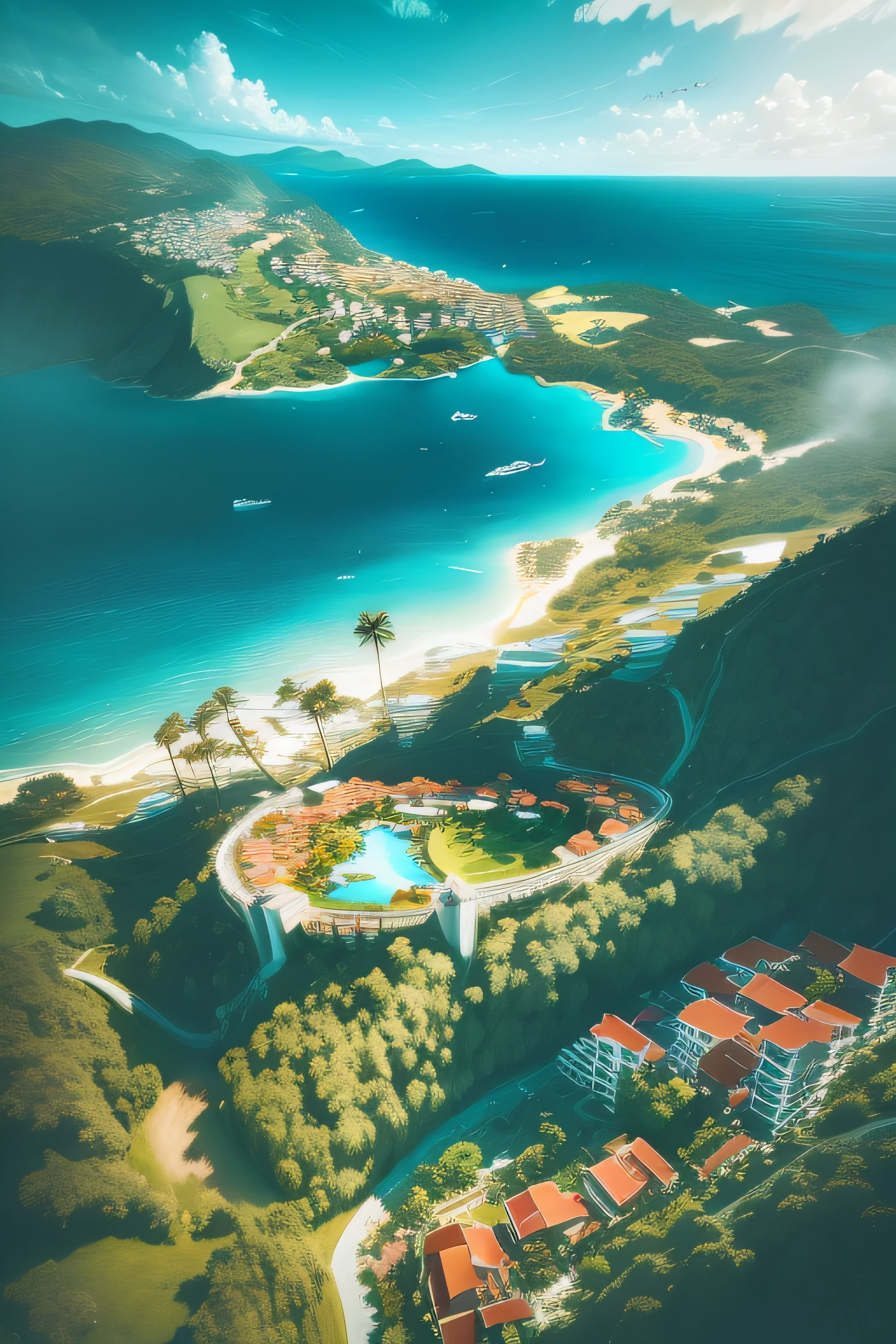 an view of a resort on a rocky island, very close to real nature, view, built around ocean, paradise in the background, zoomed out view, beautiful environment, incredibly beautiful, beautiful place, view from above, resort