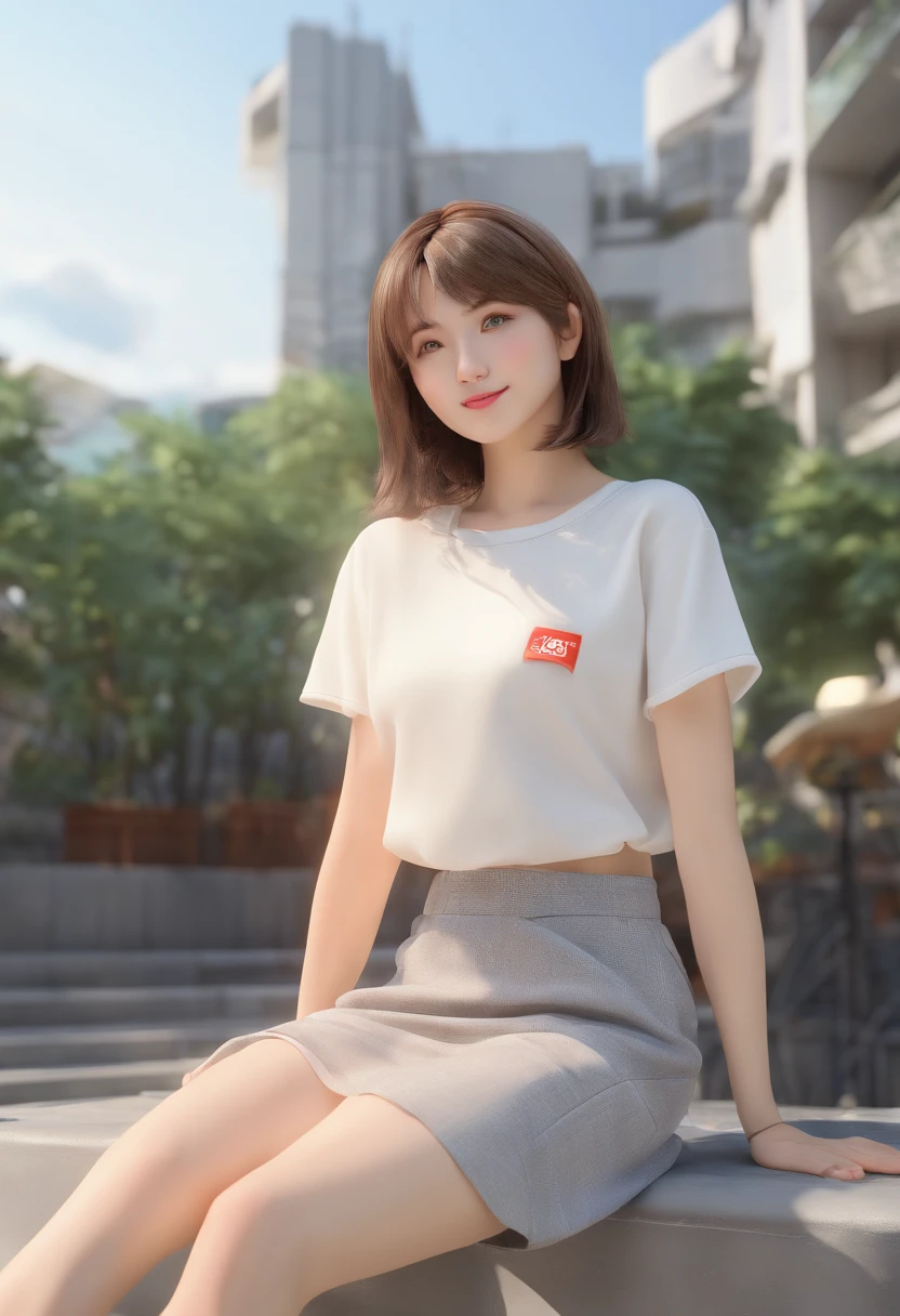 ((of the highest quality, 8K,Raw photo)), (Realistic, Photorealistic: 1.37), (Face Focus: 1.1), Small breasts, flat chest, Short hair, A Japanese Lady、20yr old、Japan idol system、(white sweatshirt: 1.1)、Skirt, Sitting, Arms up, From below, Sunlight, Movie Lighting,