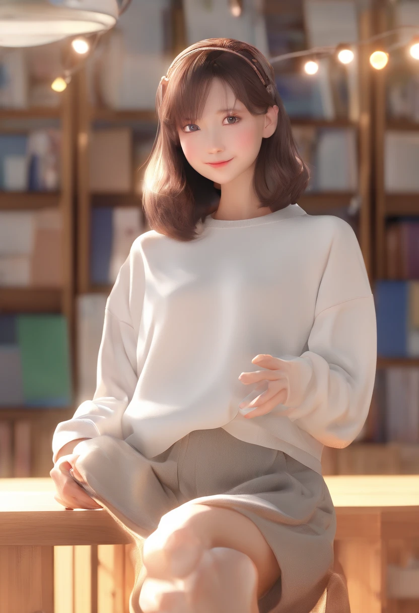 ((of the highest quality, 8K,Raw photo)), (Realistic, Photorealistic: 1.37), (Face Focus: 1.1), Small breasts, flat chest, Short hair, A Japanese Lady、20yr old、Japan idol system、(white sweatshirt: 1.1)、Skirt, Sitting, Arms up, From below, Sunlight, Movie Lighting,