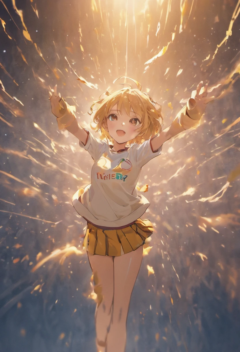 ((of the highest quality, 8K,Raw photo)), (Realistic, Photorealistic: 1.37), (Face Focus: 1.1), Small breasts, flat chest, Short hair, A Japanese Lady、20yr old、Japan idol system、(white sweatshirt: 1.1)、Skirt, Sitting, Arms up, From below, Sunlight, Movie Lighting,