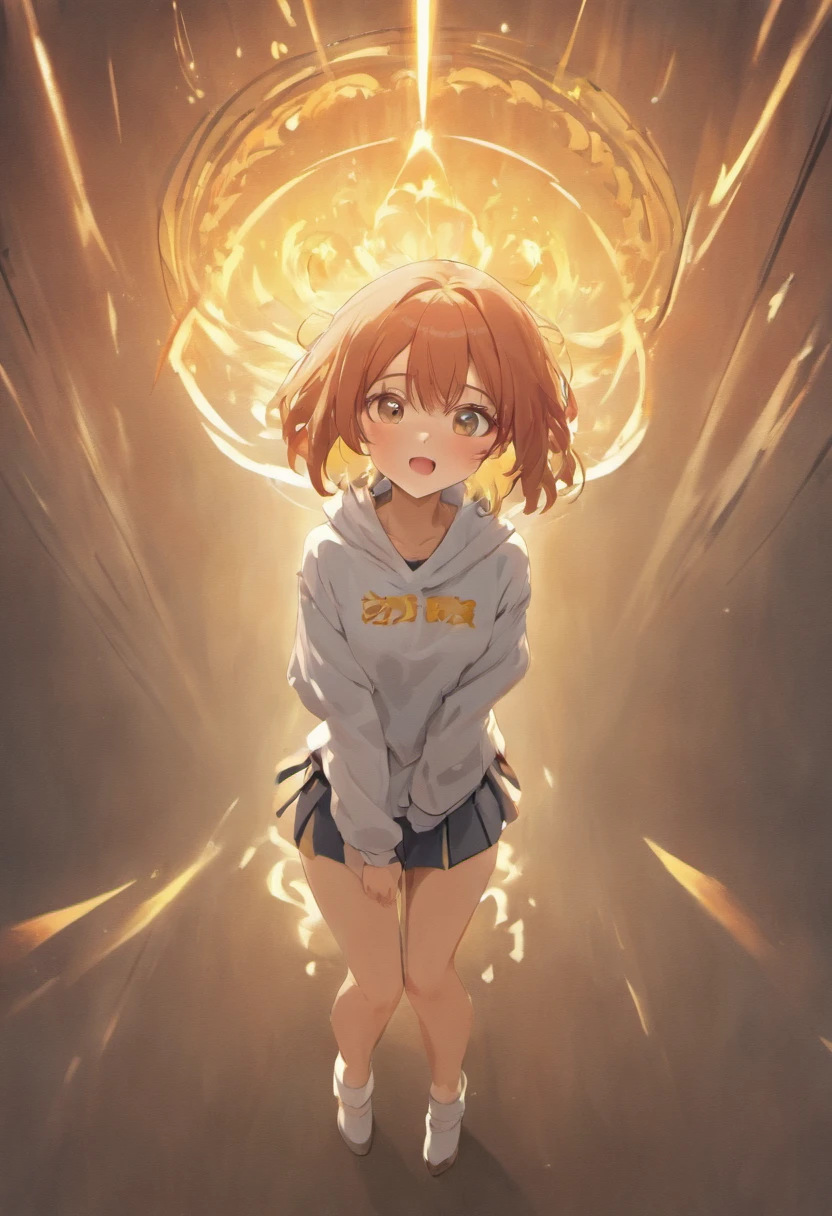 ((of the highest quality, 8K,Raw photo)), (Realistic, Photorealistic: 1.37), (Face Focus: 1.1), Small breasts, flat chest, Short hair, A Japanese Lady、20yr old、Japan idol system、(white sweatshirt: 1.1)、Skirt, Sitting, Arms up, From below, Sunlight, Movie Lighting,