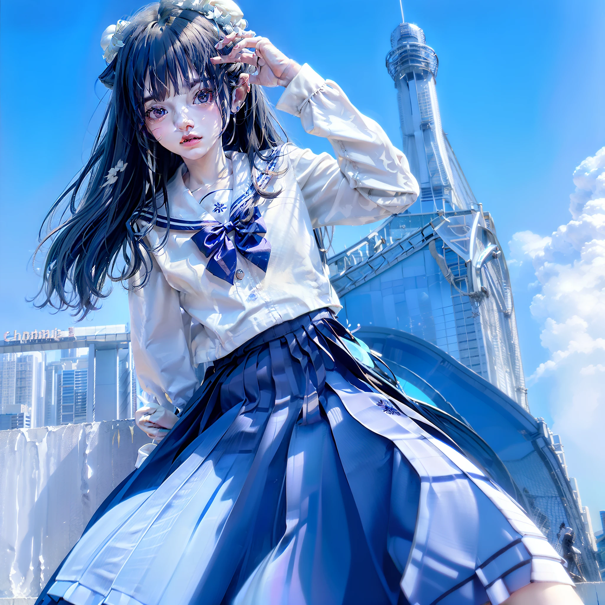 Arad woman with blue hair and white shirt poses for a photo,JK school uniform， ahegao, ahegao face, Anime cosplay, white hime cut hairstyle, anime-inspired, pale young ghost girl, girls frontline style, long  white hair, Girl silver hair, hair whitebangs hair, wig, cosplay, Silver hair girl, ayanami