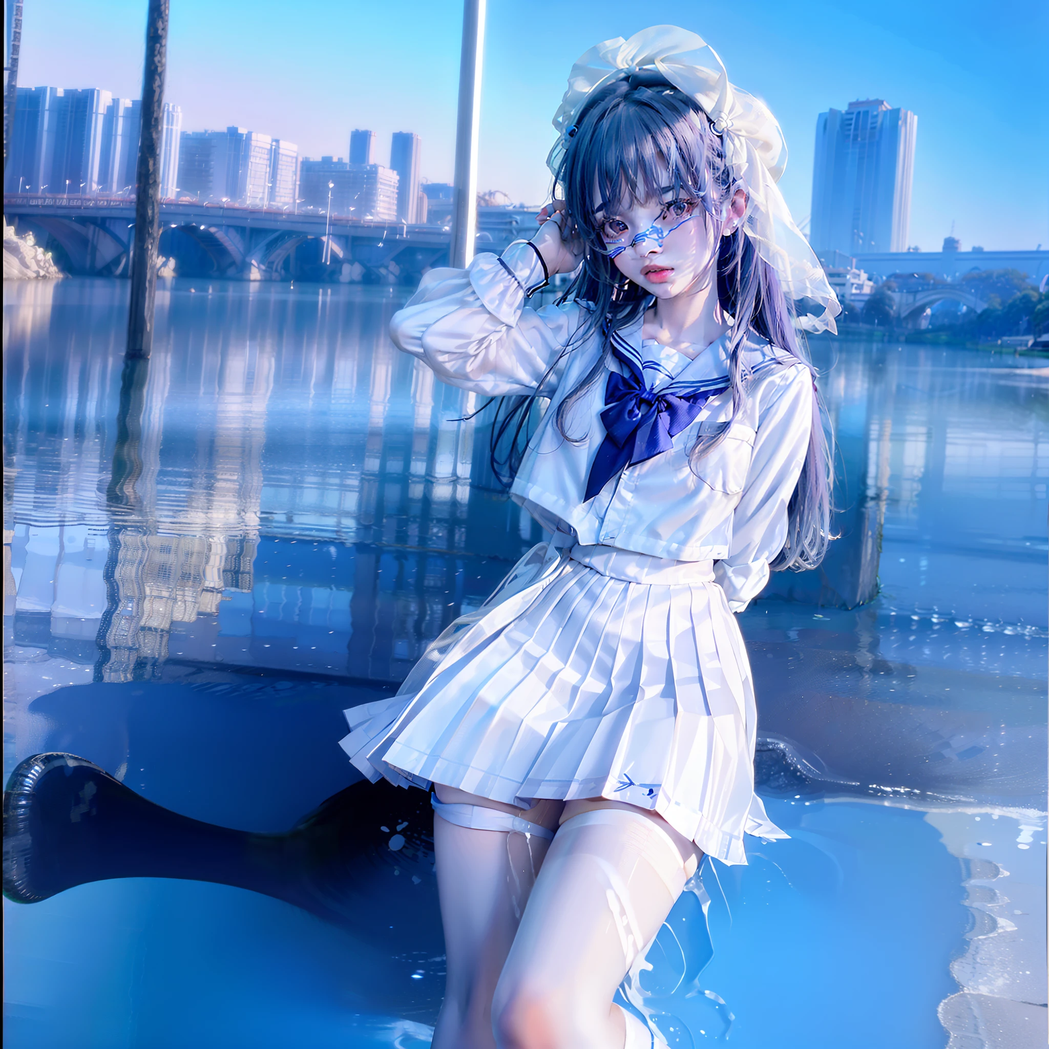 Arad woman with blue hair and white shirt poses for a photo,JK school uniform， ahegao, ahegao face, Anime cosplay, white hime cut hairstyle, anime-inspired, pale young ghost girl, girls frontline style, long  white hair, Girl silver hair, hair whitebangs hair, wig, cosplay, Silver hair girl, ayanami