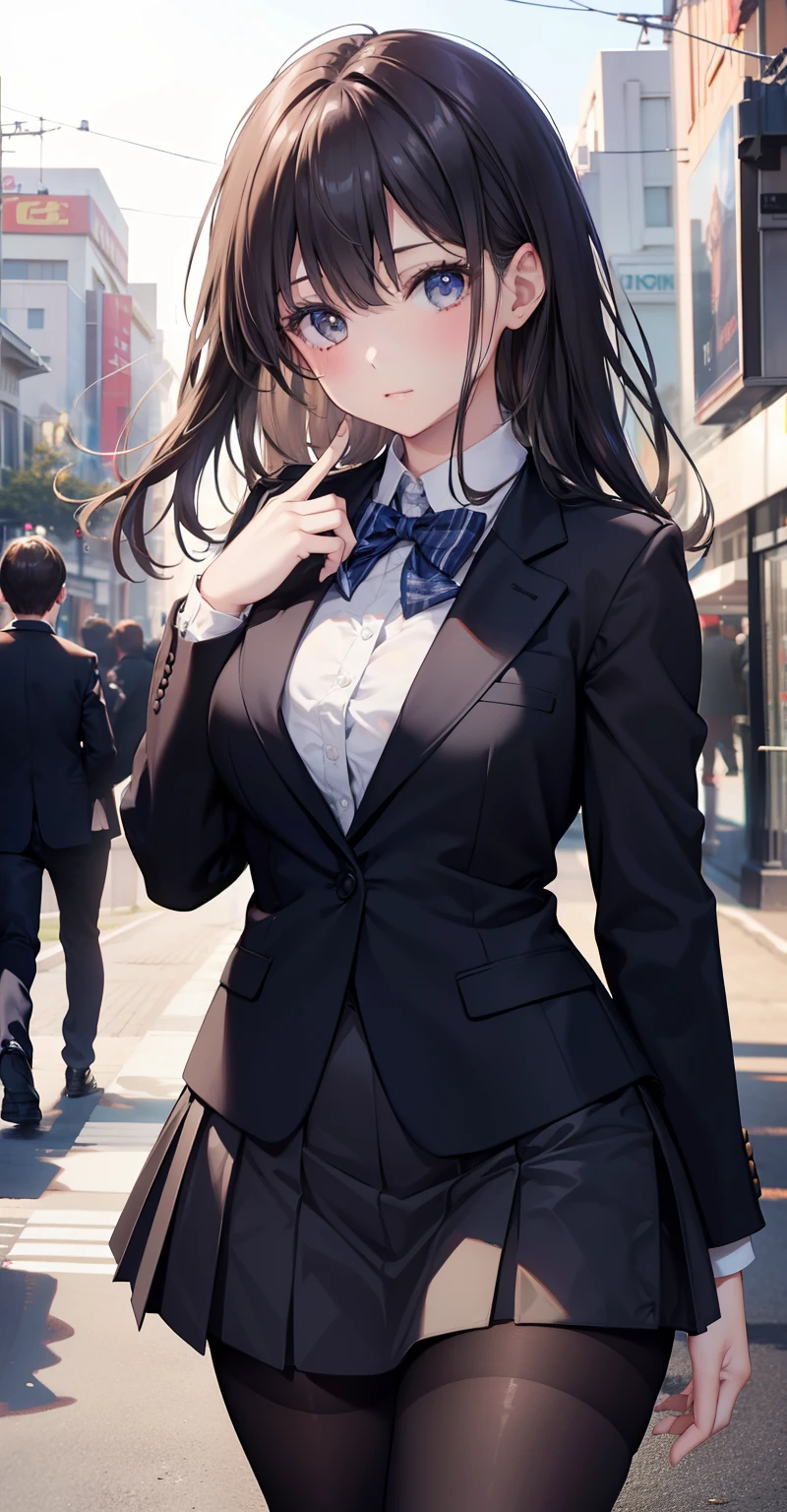 Best Quality , tmasterpiece , 1 strap , beautiful face , (Realistic photography : 1.3) , illuminated border , (HighDetailskin : 1.2 , , 8k Uhd , High quality , a high resolution , 4k , 8k , bokeh , absurd , proportions ideals of four fingers and a thumb, (realistic:1.3), cute 1girl, Wearing black formal blazer, medium breasts, short skirt,LacepantyHose,