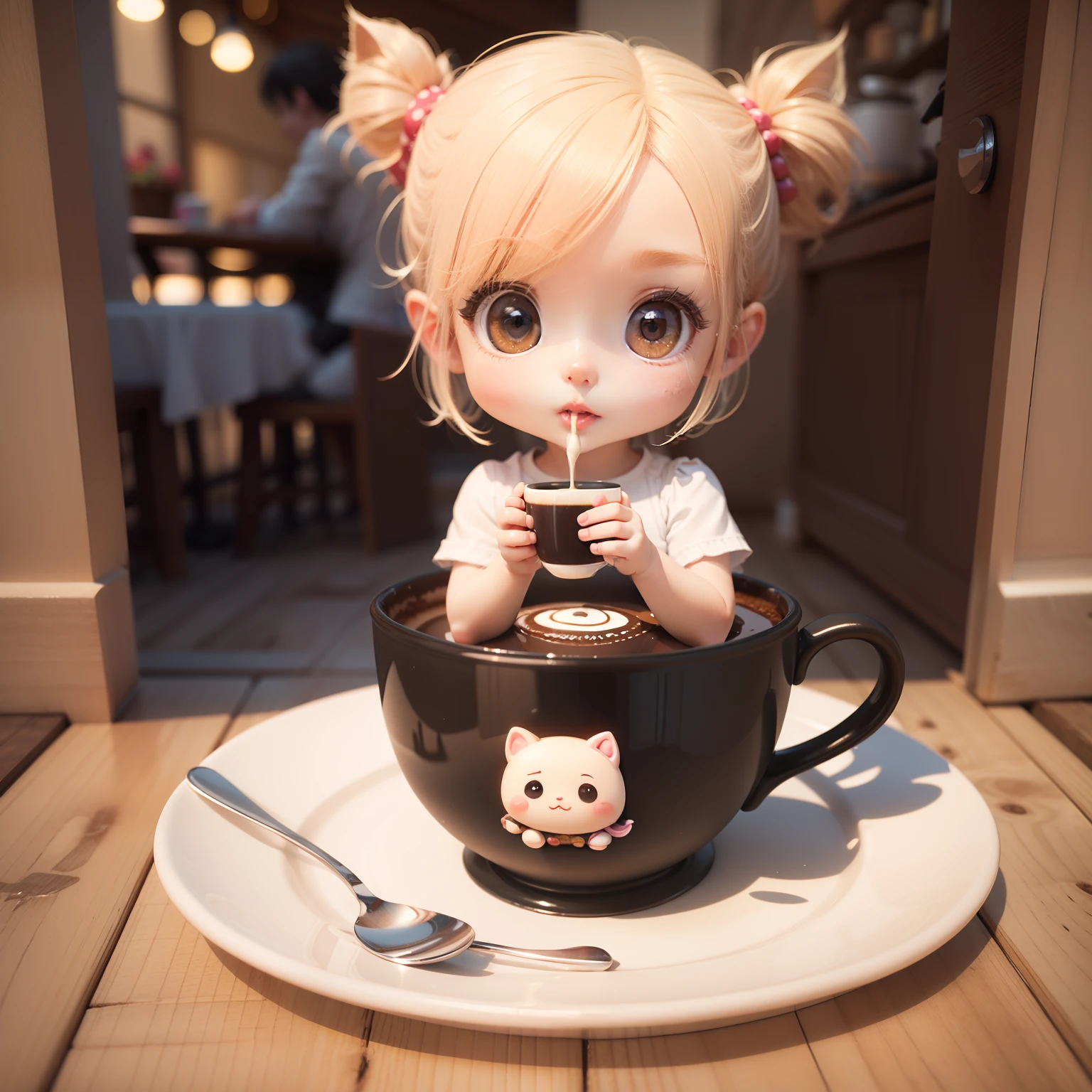 Cute Chibi Anime、(((Chibi 3D))) (Best Quality), (masutepiece)、Chibi Open Cafe、outside of house、Coffee Cup、Next to it is a cake with a shortcut on the plate🍰、A detailed face、Fun、